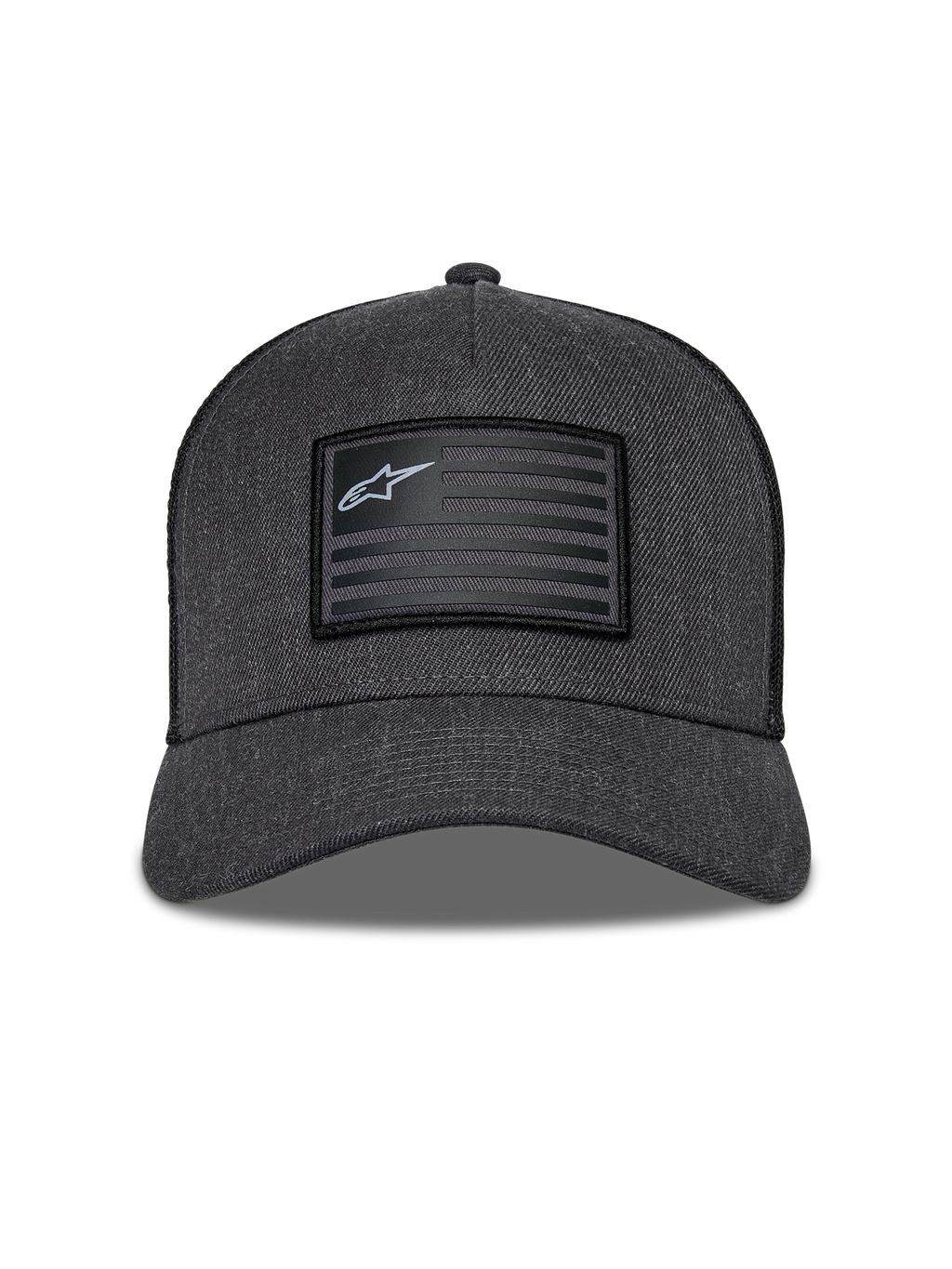Alpinestars Flag Snapback pet, Charcoal Heather en zwart, vooraanzicht met een gestructureerde kroon en gebogen klep, rechthoekige patch in vlagstijl met Alpinestars-logo en strepen, casual motorsport streetwear