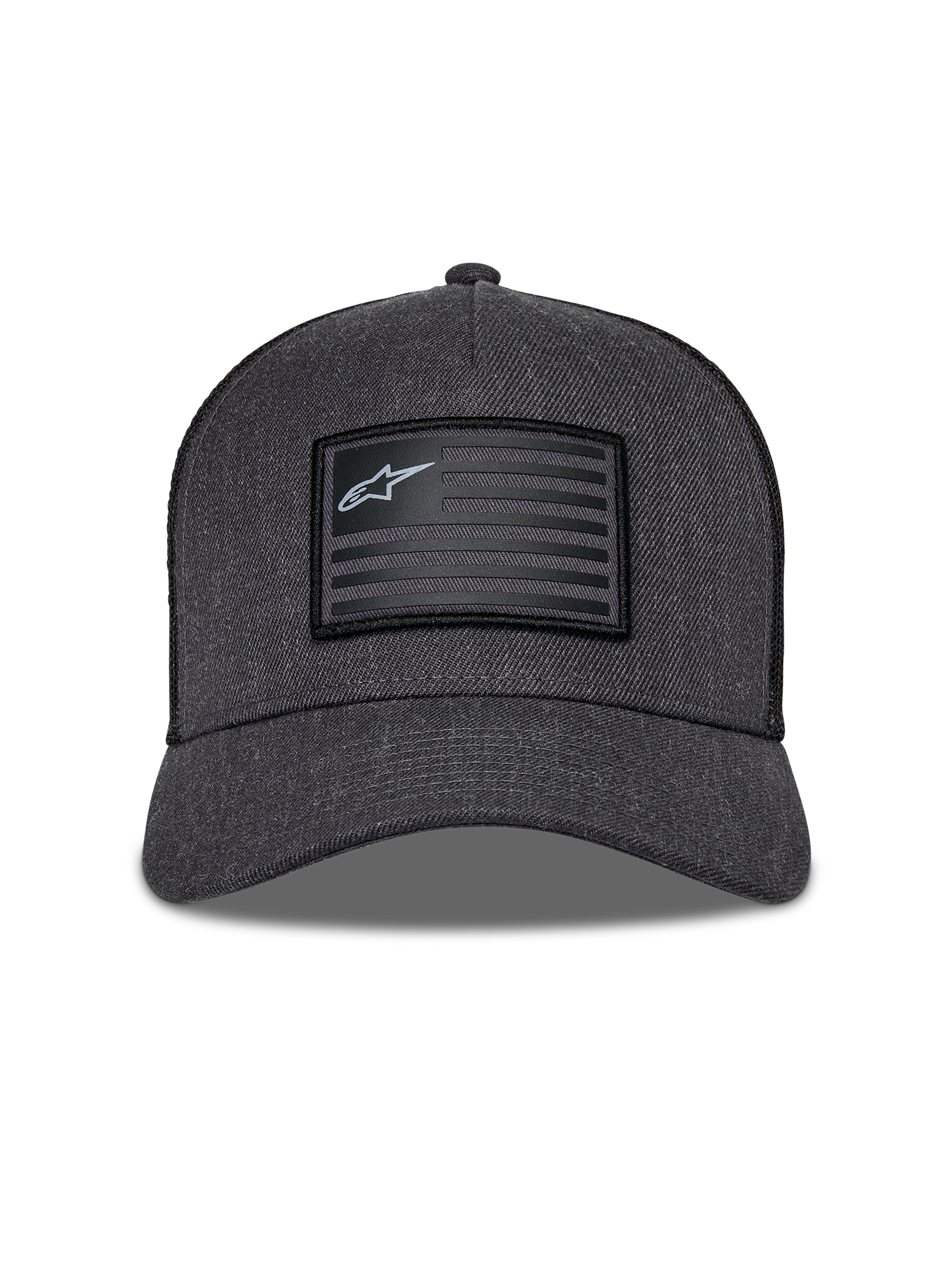 Alpinestars Flag Snapback pet, Charcoal Heather en zwart, vooraanzicht met een gestructureerde kroon en gebogen klep, rechthoekige patch in vlagstijl met Alpinestars-logo en strepen, casual motorsport streetwear