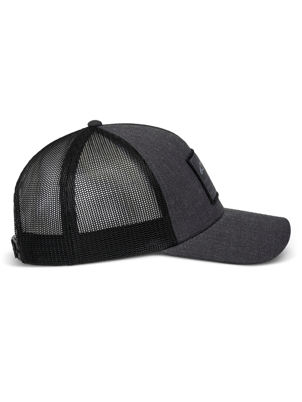 Alpinestars Flag Snapback pet in Charcoal Heather Black, zijaanzicht met gebogen klep, gestructureerd twill voorpaneel met een merrow-patch en ademende achterkant van polyester mesh.