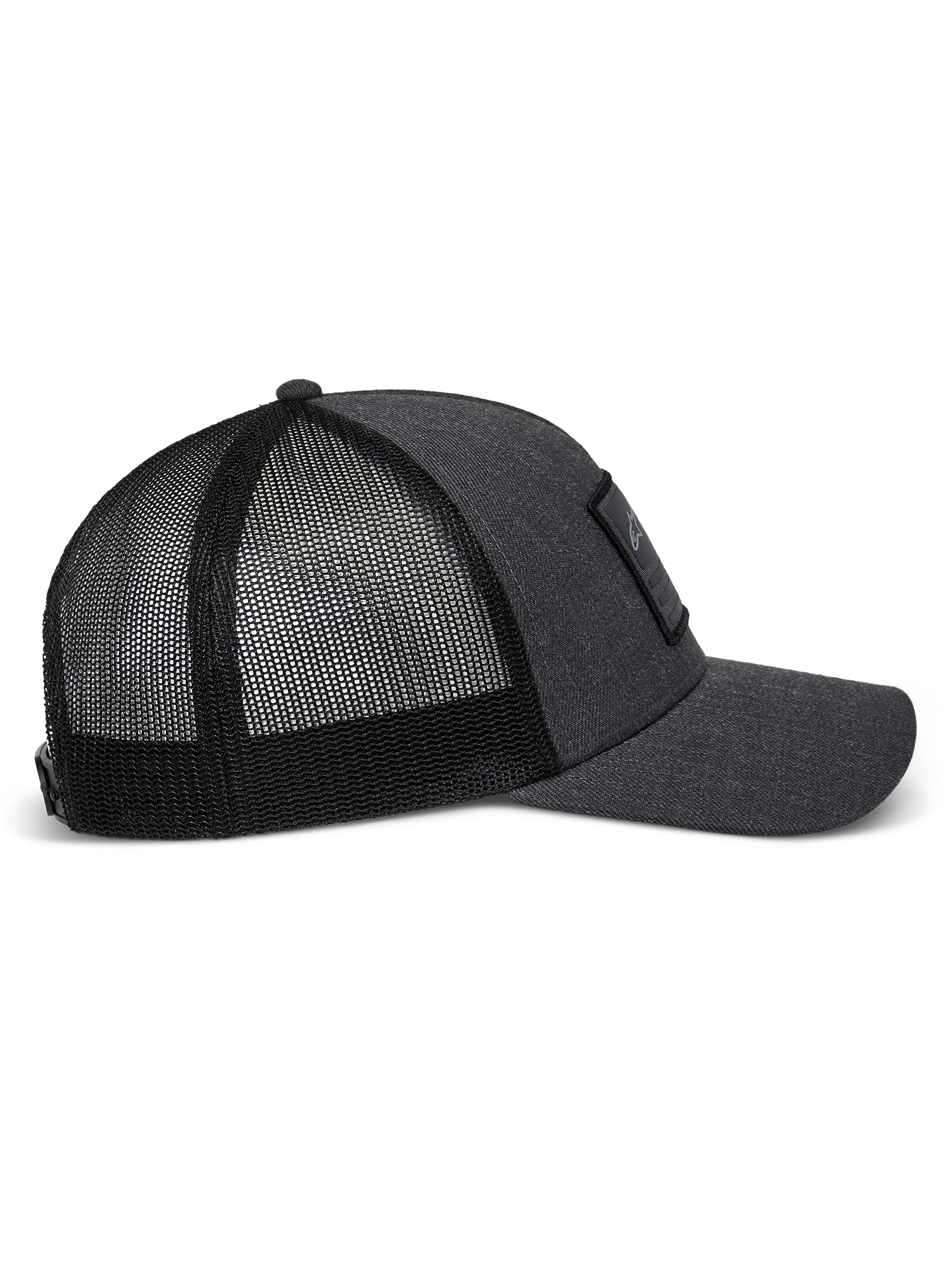 Alpinestars Flag Snapback pet in Charcoal Heather Black, zijaanzicht met gebogen klep, gestructureerd twill voorpaneel met een merrow-patch en ademende achterkant van polyester mesh.