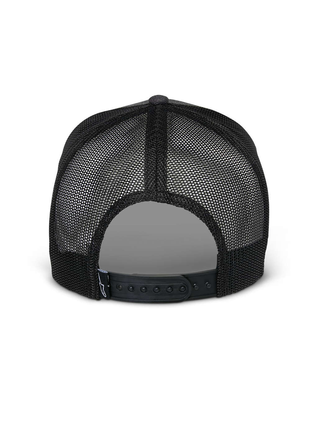 Alpinestars Flag Snapback pet, achteraanzicht, Charcoal Heather Black, voorzien van ademende zwarte mesh-panelen en verstelbare snapback-sluiting, casual motorsport-geïnspireerde pet