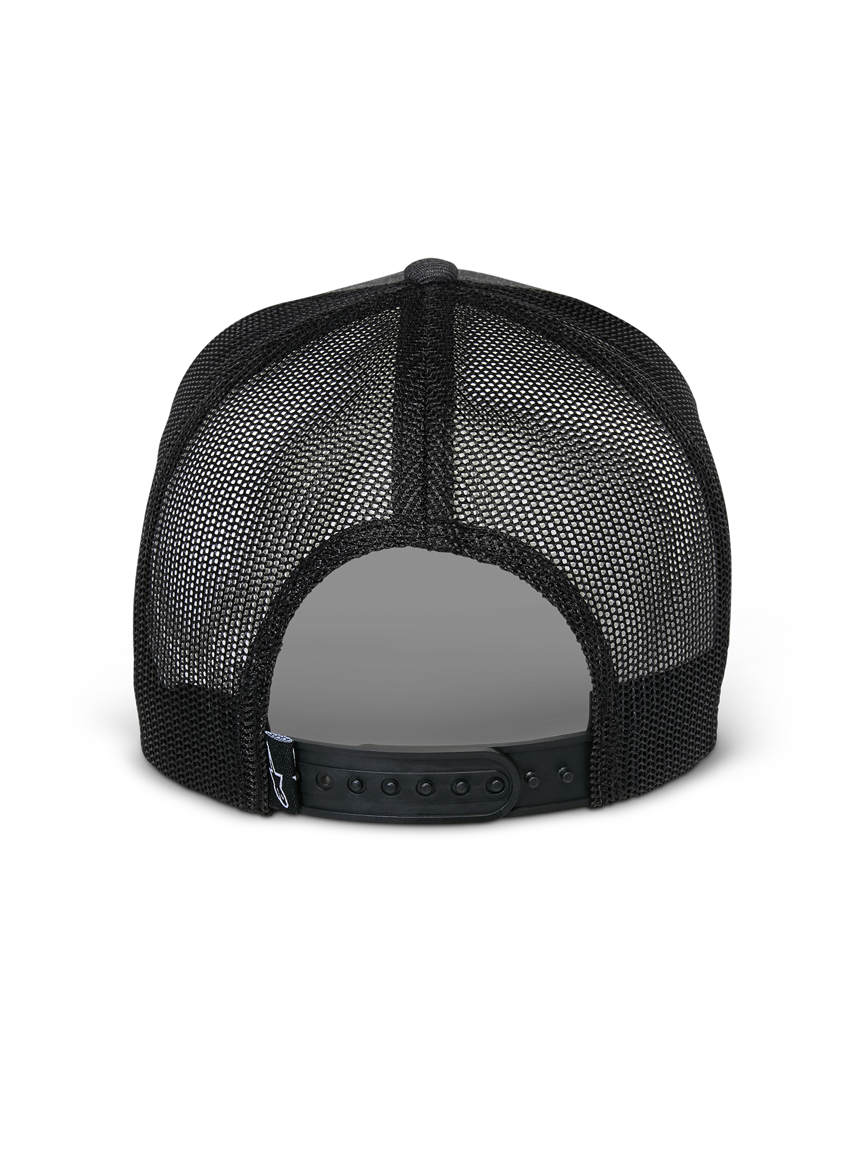 Alpinestars Flag Snapback pet, achteraanzicht, Charcoal Heather Black, voorzien van ademende zwarte mesh-panelen en verstelbare snapback-sluiting, casual motorsport-geïnspireerde pet