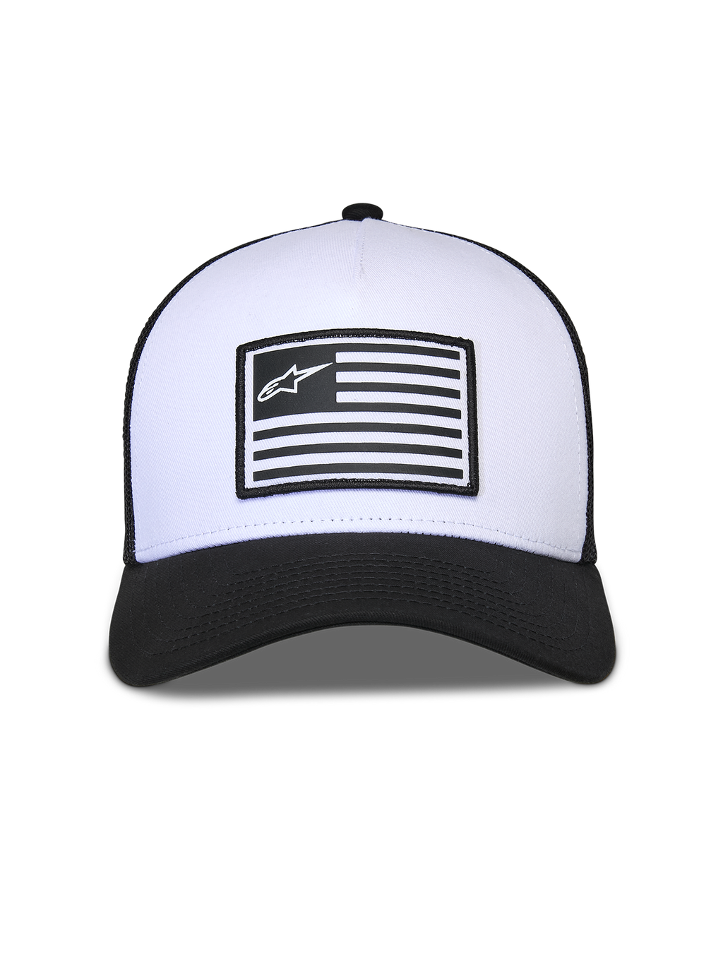 Alpinestars Flag Snapback pet, wit en zwart, gestructureerde witte kroon met zwarte gebogen klep en mesh achterzijde, voorzien van een centrale vlagpatch met Alpinestars-logo, casual op motorsport geïnspireerd hoofddeksel