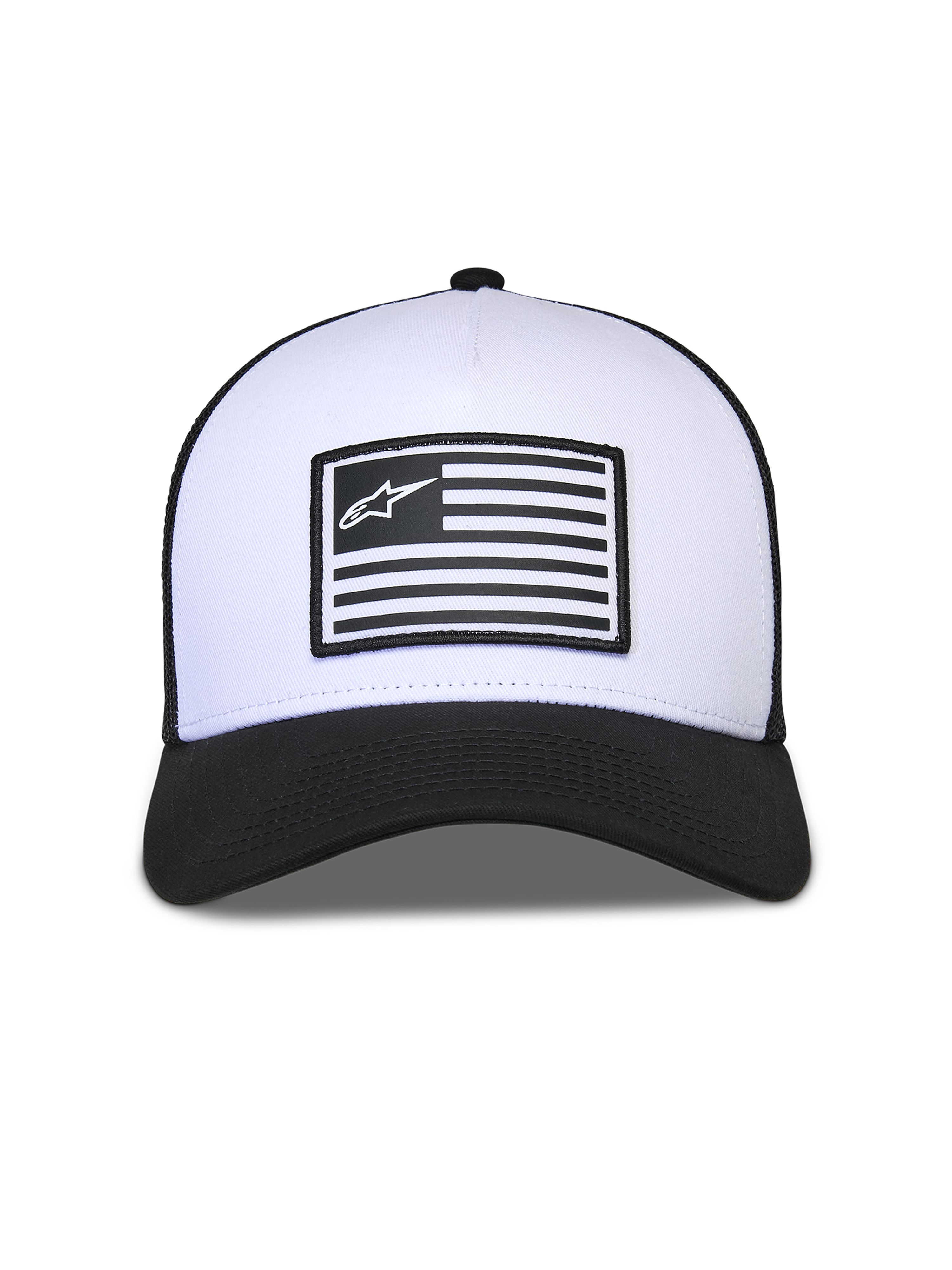 Alpinestars Flag Snapback pet, wit en zwart, gestructureerde witte kroon met zwarte gebogen klep en mesh achterzijde, voorzien van een centrale vlagpatch met Alpinestars-logo, casual op motorsport geïnspireerd hoofddeksel