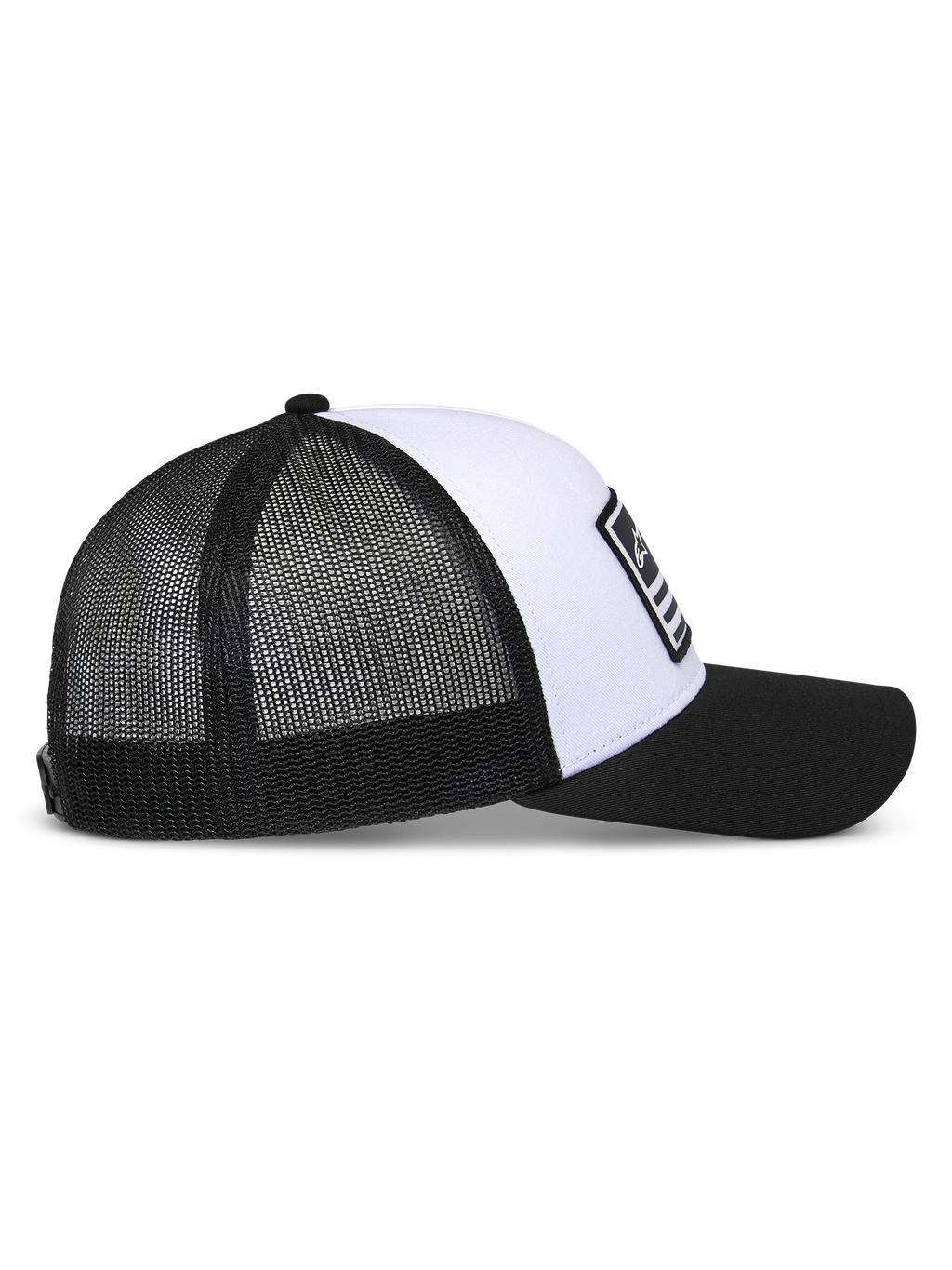 Alpinestars Flag Snapback pet, wit en zwart, zijaanzicht, gestructureerde witte kroon met zwarte gebogen klep, ademende zwarte mesh achterpanelen, casual motorsport-geïnspireerde hoofdbedekking