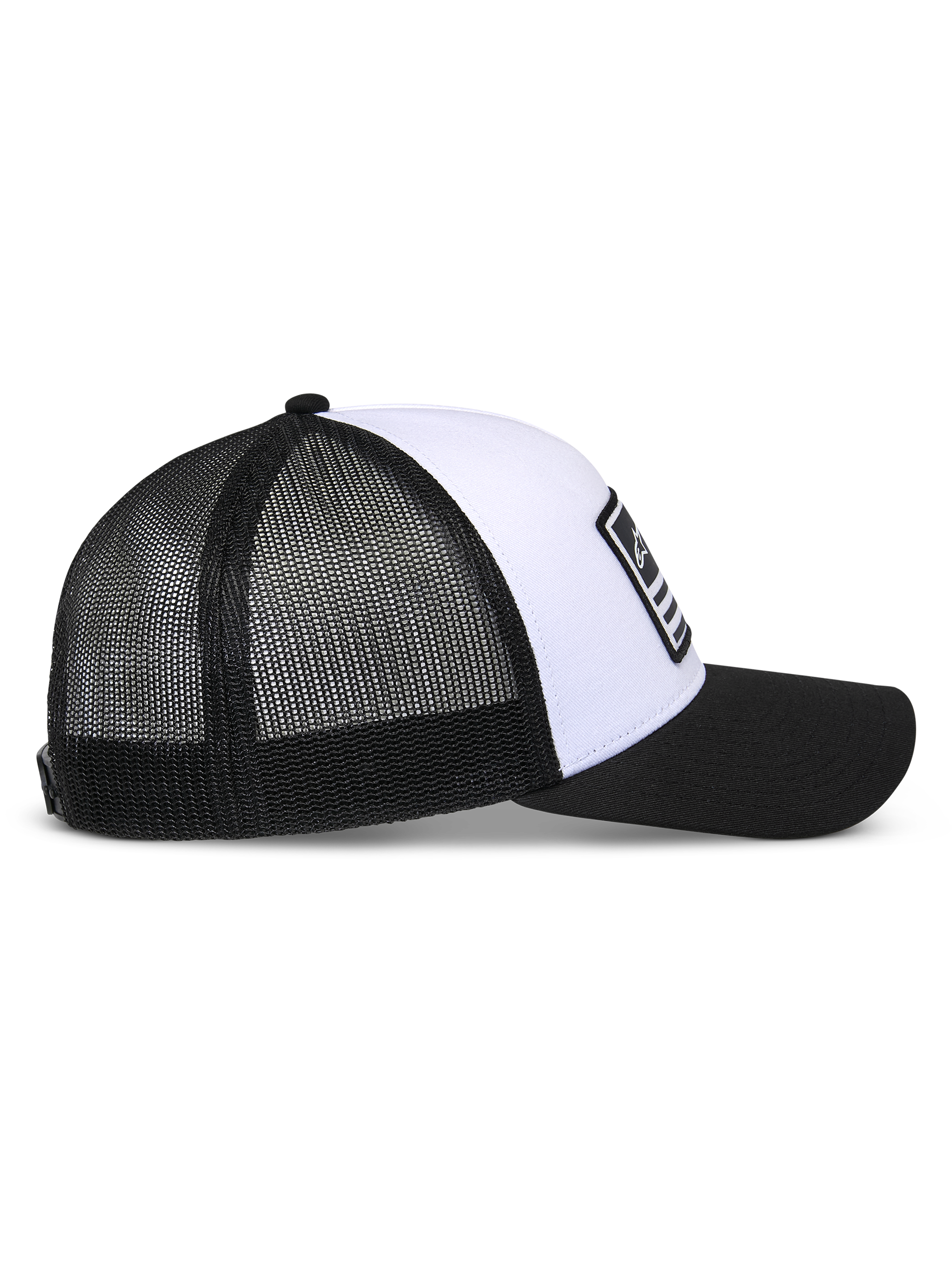 Alpinestars Flag Snapback pet, wit en zwart, zijaanzicht, gestructureerde witte kroon met zwarte gebogen klep, ademende zwarte mesh achterpanelen, casual motorsport-geïnspireerde hoofdbedekking