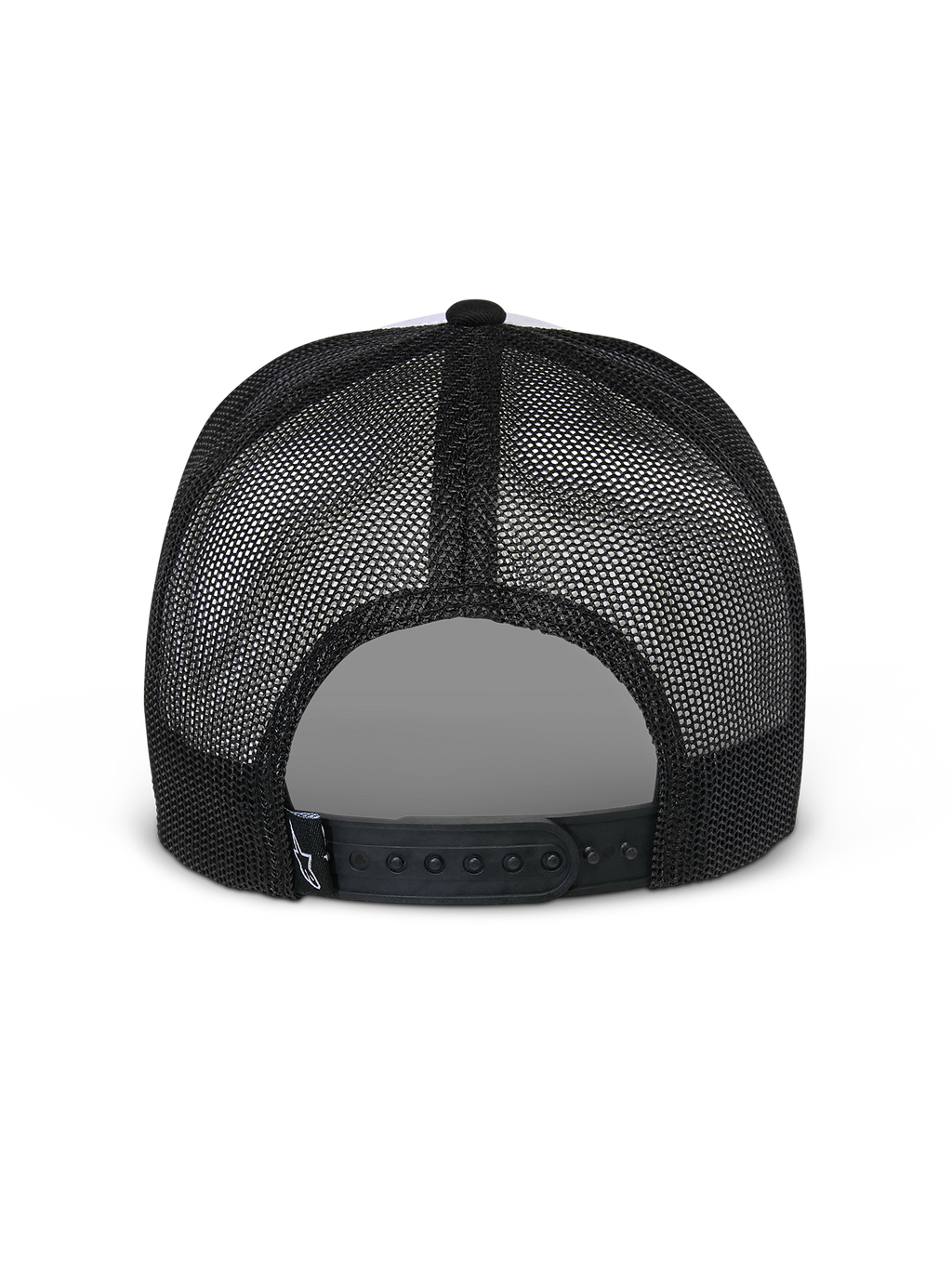 Alpinestars Flag Snapback pet, wit en zwart, achteraanzicht met zwarte mesh-panelen en verstelbare snapback-sluiting, casual motorsport-hoofdbedekking