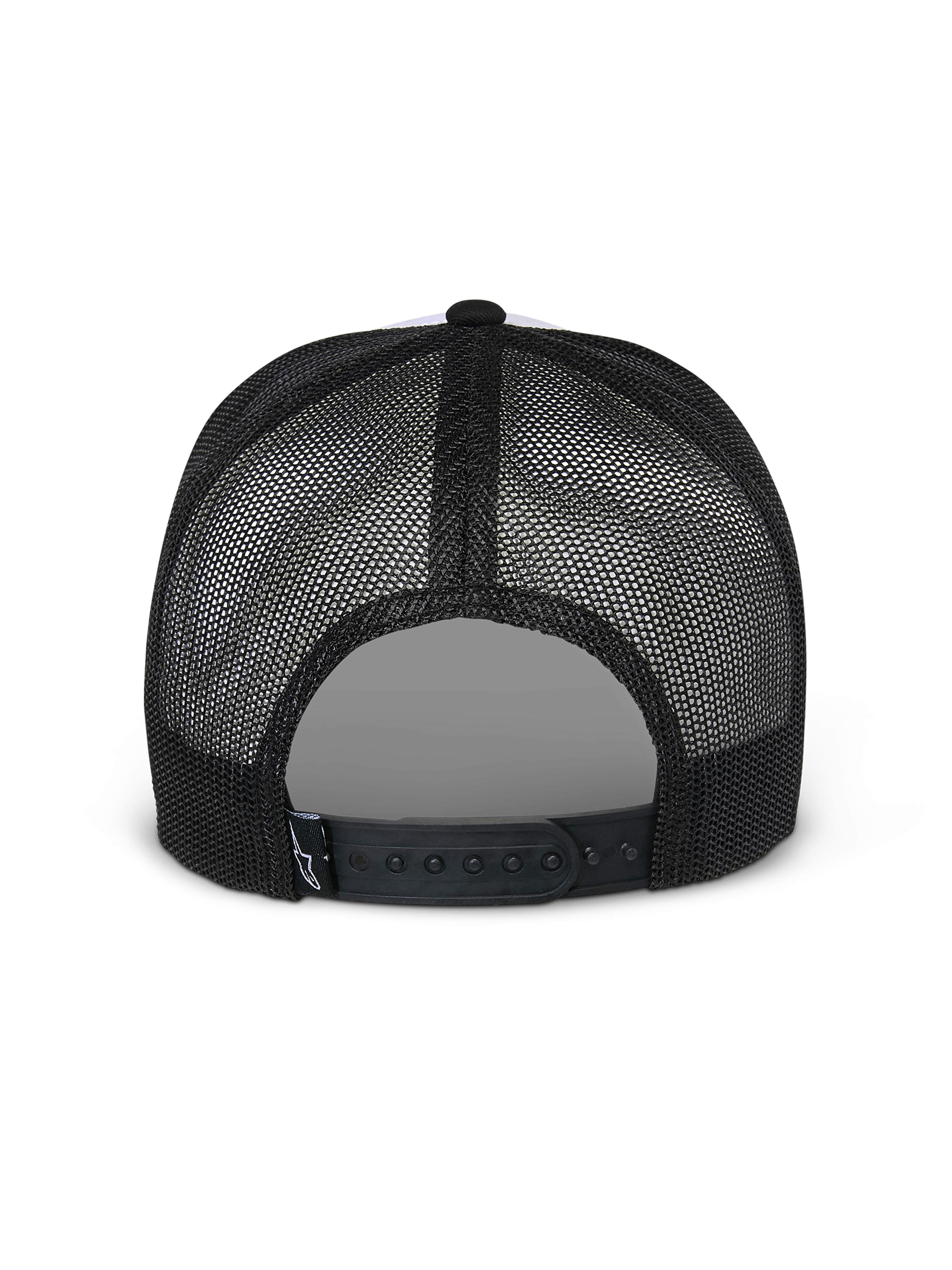 Alpinestars Flag Snapback pet, wit en zwart, achteraanzicht met zwarte mesh-panelen en verstelbare snapback-sluiting, casual motorsport-hoofdbedekking