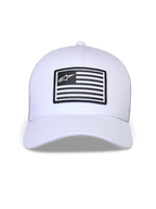 Alpinestars Flag Snapback pet, wit, gestructureerde kroon met gebogen klep, rechthoekige zwart-witte patch op de voorkant met Alpinestars-logo, casual hoofdbedekking geïnspireerd op de motorsport