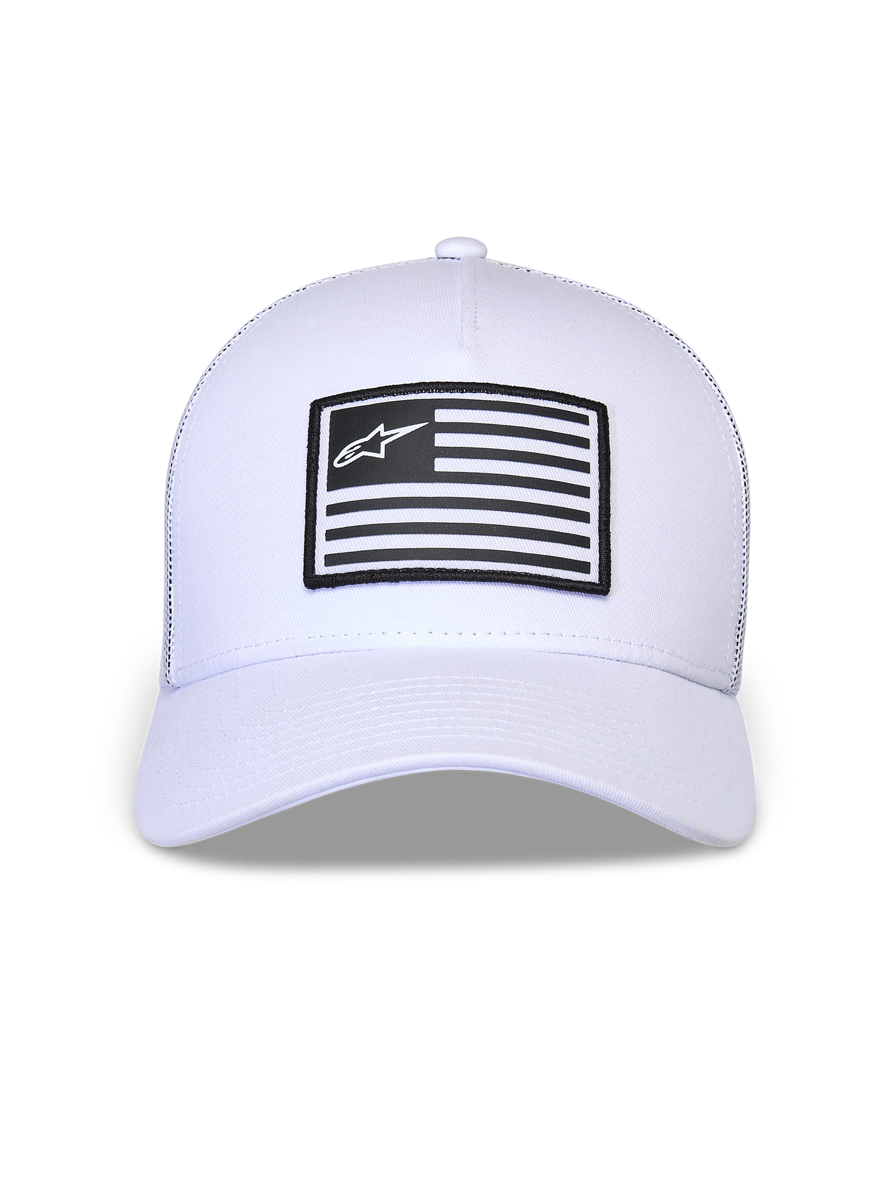 Alpinestars Flag Snapback pet, wit, gestructureerde kroon met gebogen klep, rechthoekige zwart-witte patch op de voorkant met Alpinestars-logo, casual hoofdbedekking geïnspireerd op de motorsport