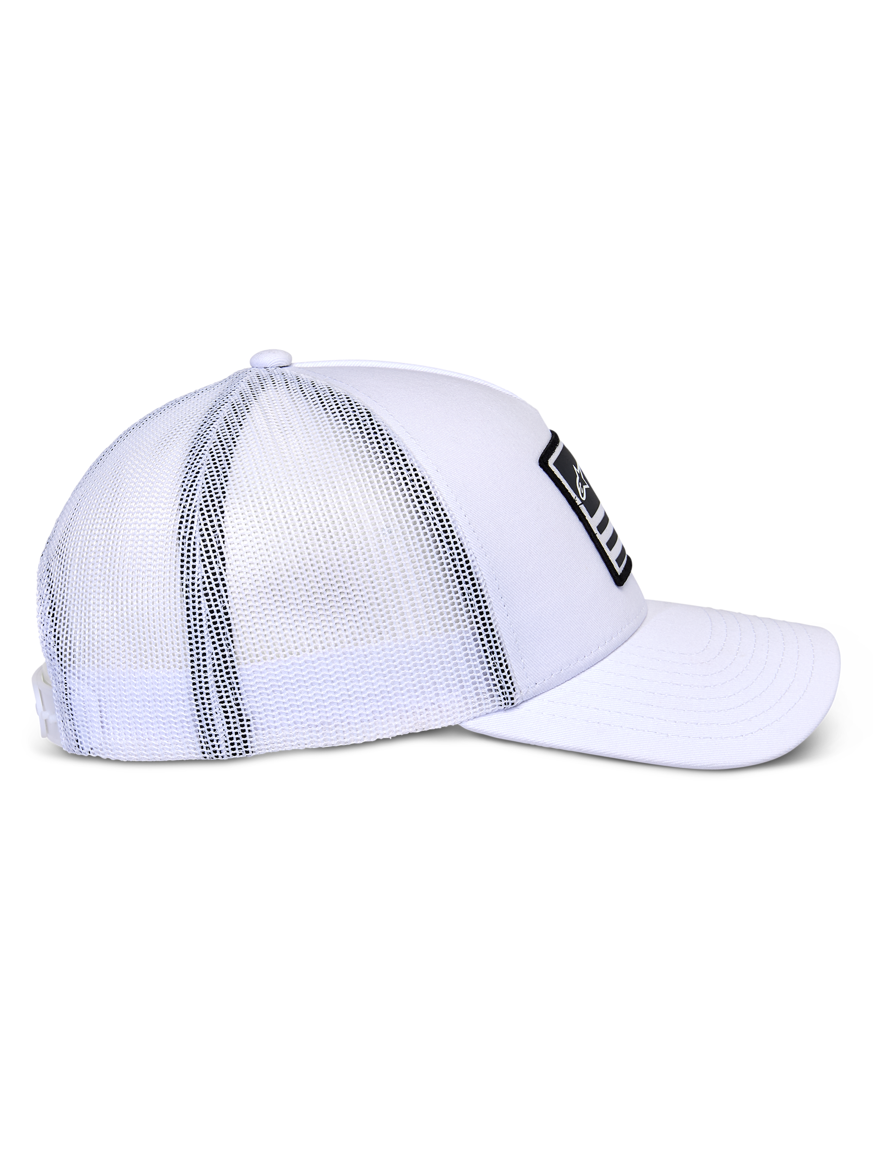 Alpinestars Flag Snapback pet, trucker-stijl cap, wit, zijprofiel met witte twill voorkant en ademende mesh achterkant, gebogen klep, zwarte merrow patch met wit logo, casual motorsport hoofdbedekking