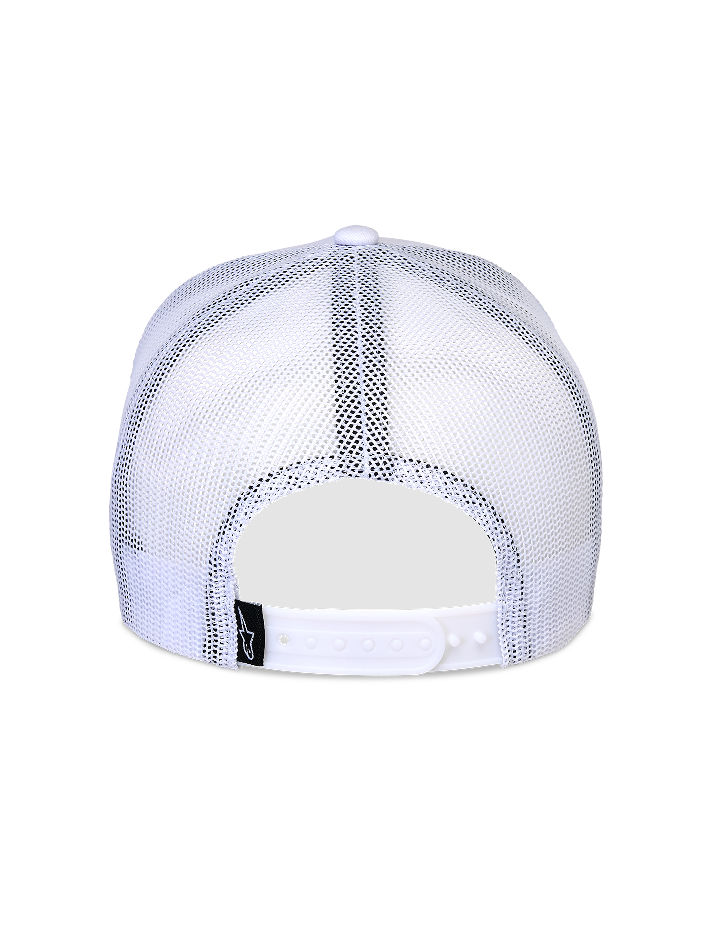 Alpinestars Flag Snapback pet, wit, achteraanzicht met ademende witte mesh panelen, verstelbare snapback-sluiting en klein zwart logo-label, klassiek truckerpet-ontwerp.