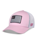 Alpinestars Flag Snapback pet, roze en wit, gebogen klep met gestructureerde kroon, voorkant van keperstof met witte mesh achterkant, voorzien van een zwart-witte vlagpatch met roze Astars-logo, casual motorsport-geïnspireerde sportkleding