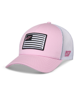 Alpinestars Flag Snapback pet, roze en wit, gebogen klep met gestructureerde kroon, voorkant van keperstof met witte mesh achterkant, voorzien van een zwart-witte vlagpatch met roze Astars-logo, casual motorsport-geïnspireerde sportkleding