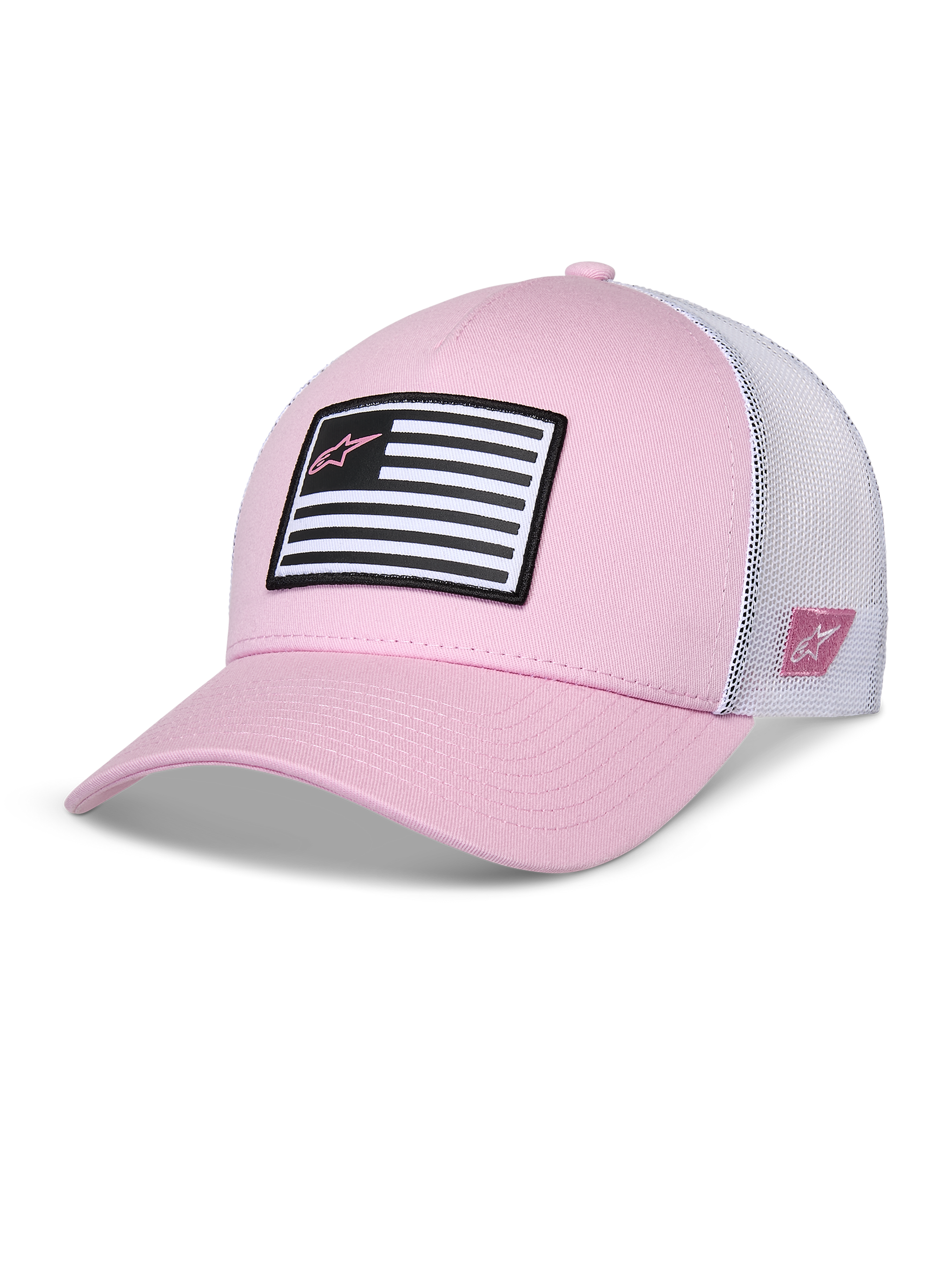 Alpinestars Flag Snapback pet, roze en wit, gebogen klep met gestructureerde kroon, voorkant van keperstof met witte mesh achterkant, voorzien van een zwart-witte vlagpatch met roze Astars-logo, casual motorsport-geïnspireerde sportkleding