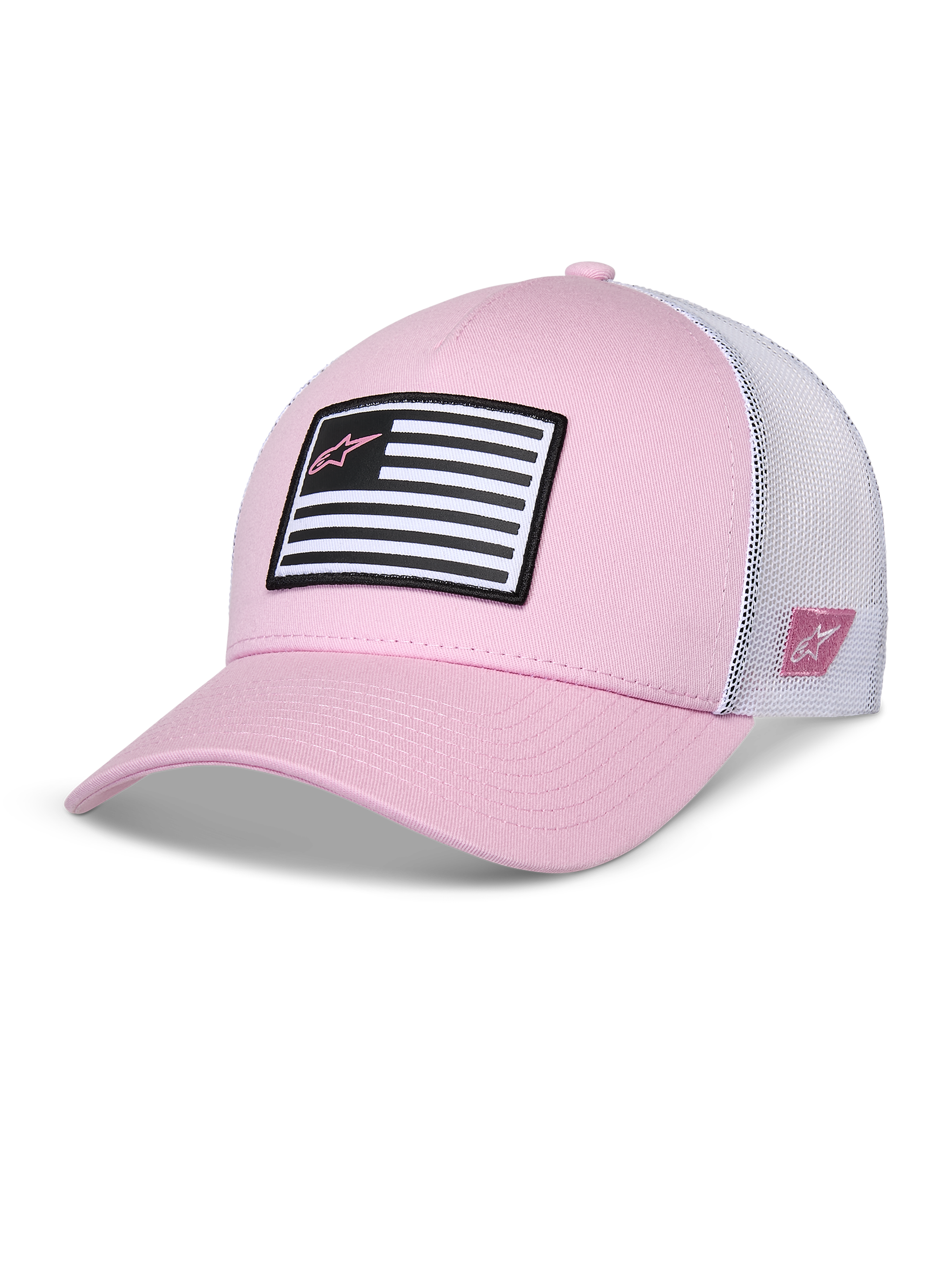 Alpinestars Flag Snapback pet, roze en wit, gebogen klep met gestructureerde kroon, voorkant van keperstof met witte mesh achterkant, voorzien van een zwart-witte vlagpatch met roze Astars-logo, casual motorsport-geïnspireerde sportkleding