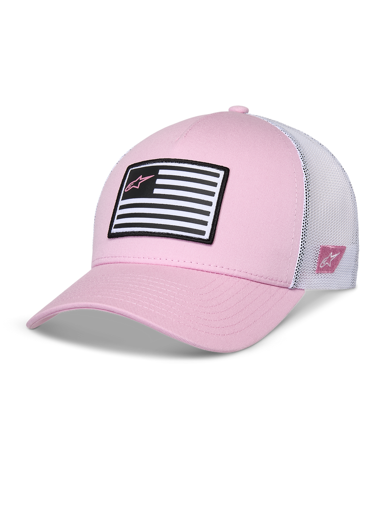 Alpinestars Flag Snapback pet, roze en wit, gebogen klep met gestructureerde kroon, voorkant van keperstof met witte mesh achterkant, voorzien van een zwart-witte vlagpatch met roze Astars-logo, casual motorsport-geïnspireerde sportkleding