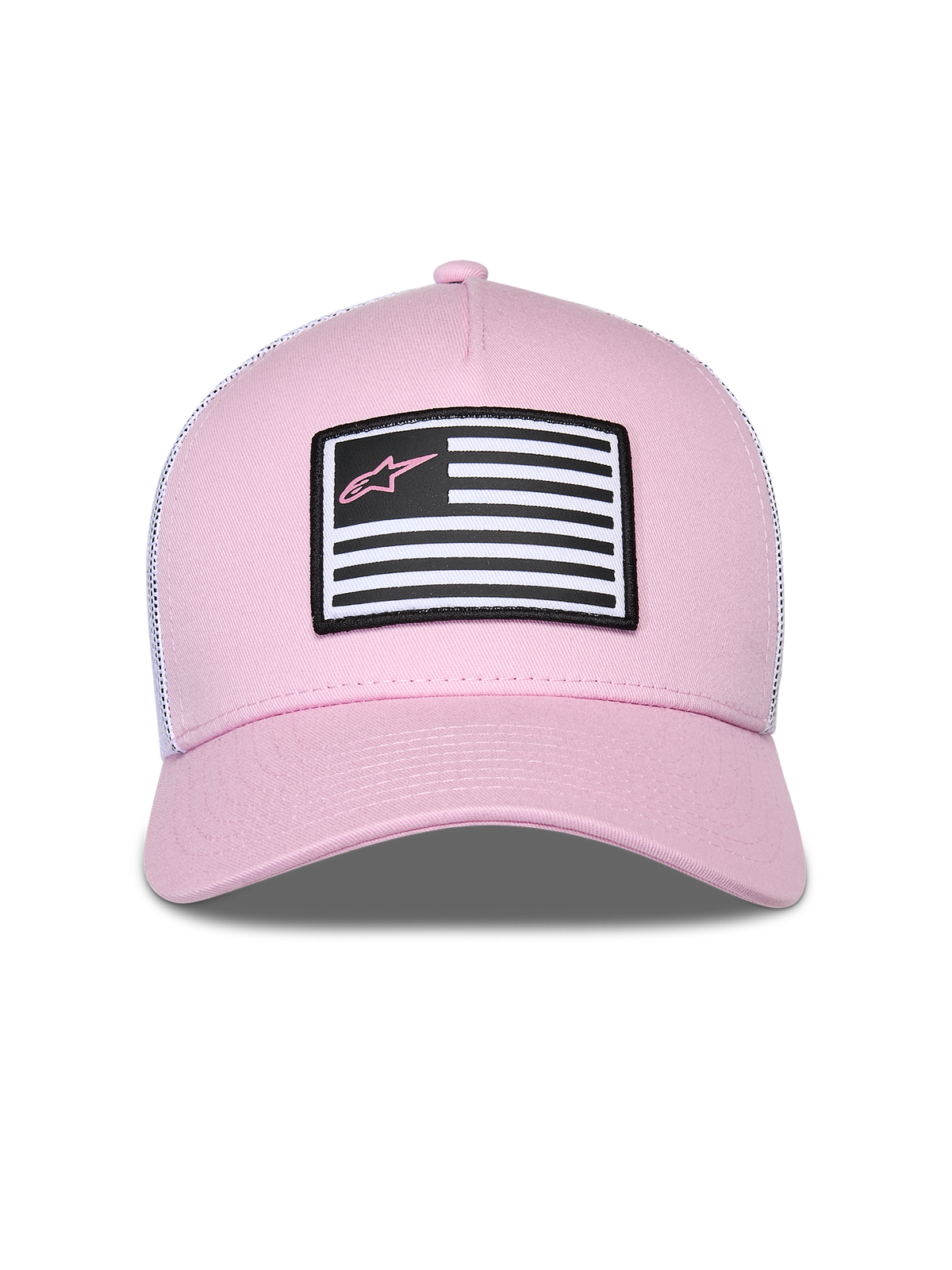 Alpinestars Flag Snapback pet, roze en wit, met een roze twill voorzijde en witte mesh achterzijde, gebogen klep, patch op de voorzijde met vlagontwerp en roze Astars-logo, casual motorsport streetwear