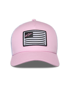 Alpinestars Flag Snapback pet, roze en wit, met een roze twill voorzijde en witte mesh achterzijde, gebogen klep, patch op de voorzijde met vlagontwerp en roze Astars-logo, casual motorsport streetwear