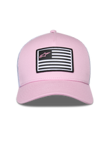 Alpinestars Flag Snapback pet, roze en wit, met een roze twill voorzijde en witte mesh achterzijde, gebogen klep, patch op de voorzijde met vlagontwerp en roze Astars-logo, casual motorsport streetwear