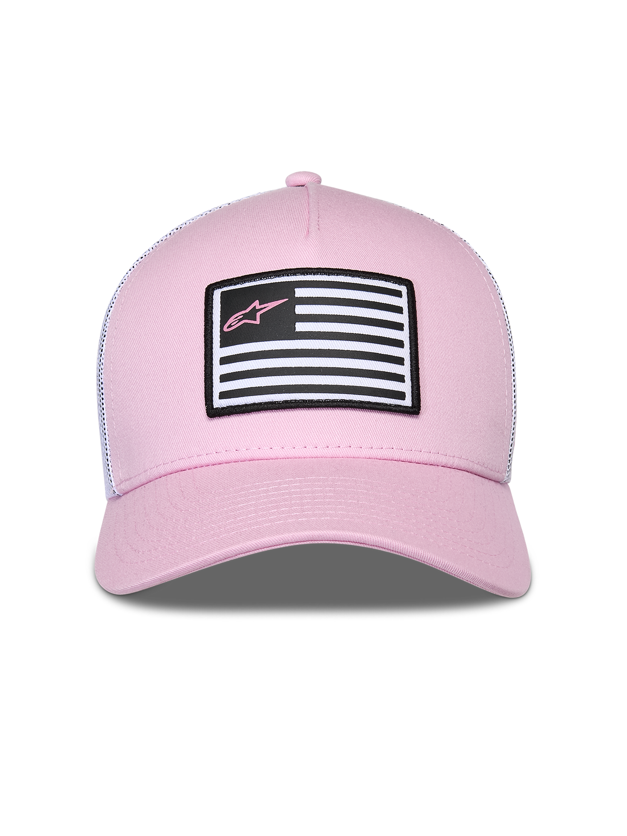 Alpinestars Flag Snapback pet, roze en wit, met een roze twill voorzijde en witte mesh achterzijde, gebogen klep, patch op de voorzijde met vlagontwerp en roze Astars-logo, casual motorsport streetwear