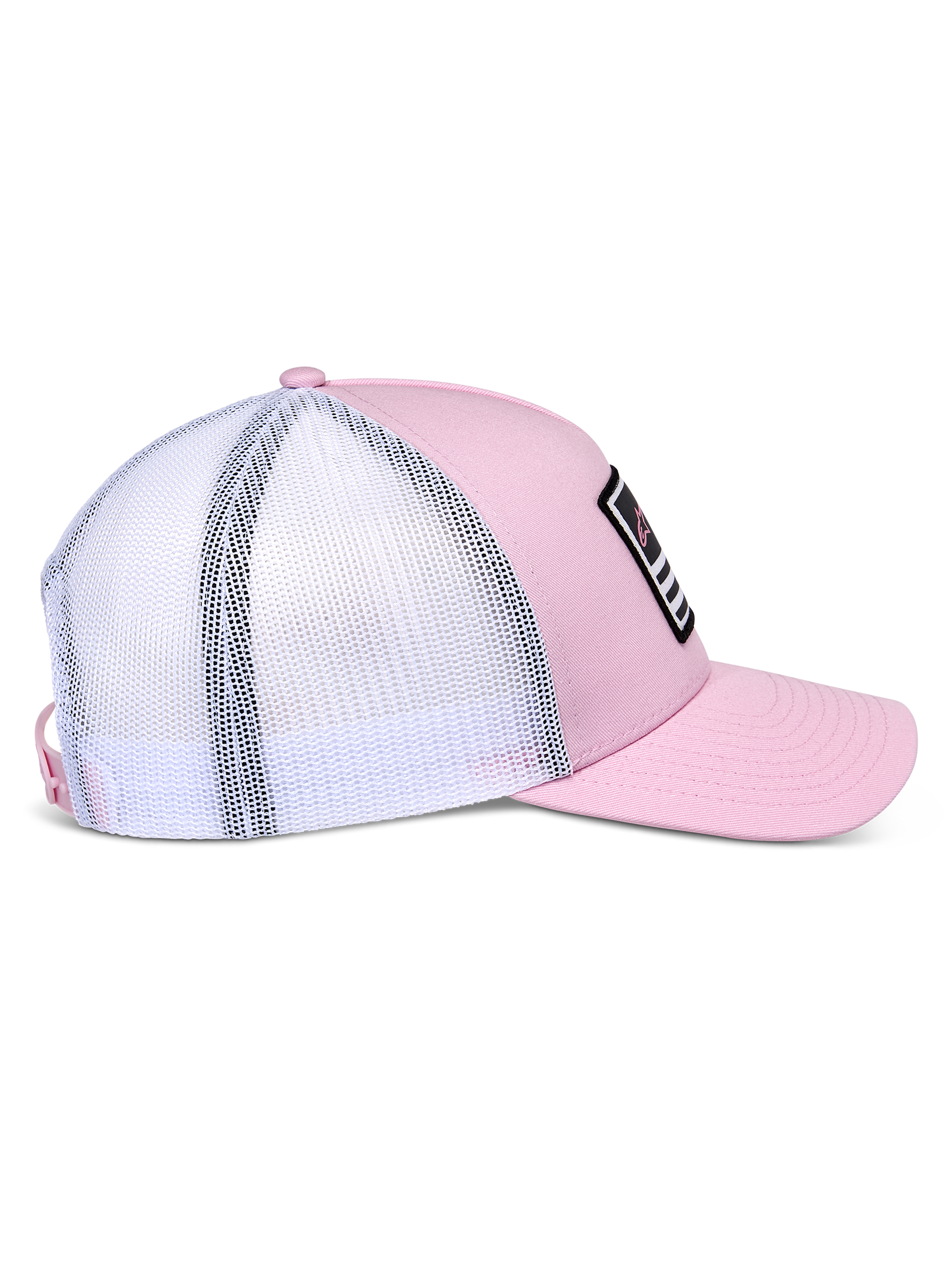 Alpinestars Flag Snapback pet, roze en wit, zijaanzicht met roze keperstof voorzijde en witte mesh achterkant, gebogen klep, gestructureerde kroon, zwarte patch met witte en roze details, casual motorsport-geïnspireerde hoofdbedekking