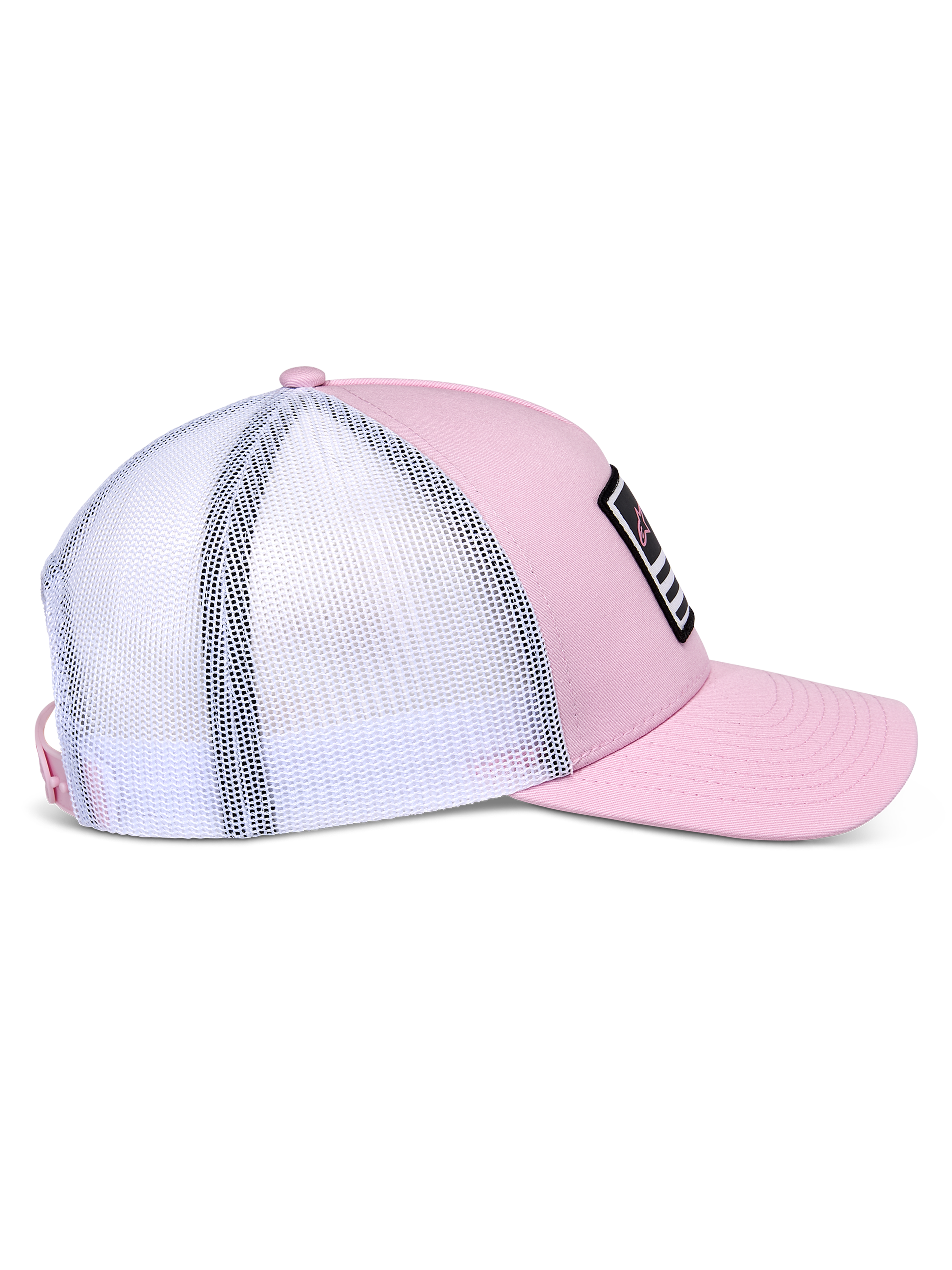 Alpinestars Flag Snapback pet, roze en wit, zijaanzicht met roze keperstof voorzijde en witte mesh achterkant, gebogen klep, gestructureerde kroon, zwarte patch met witte en roze details, casual motorsport-geïnspireerde hoofdbedekking