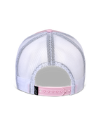 Alpinestars Flag Snapback pet, achteraanzicht, roze en wit, ademende witte mesh panelen met roze verstelbare snapback-sluiting, klein zwart Alpinestars logo-label, casual motorsport-geïnspireerde hoofddeksel