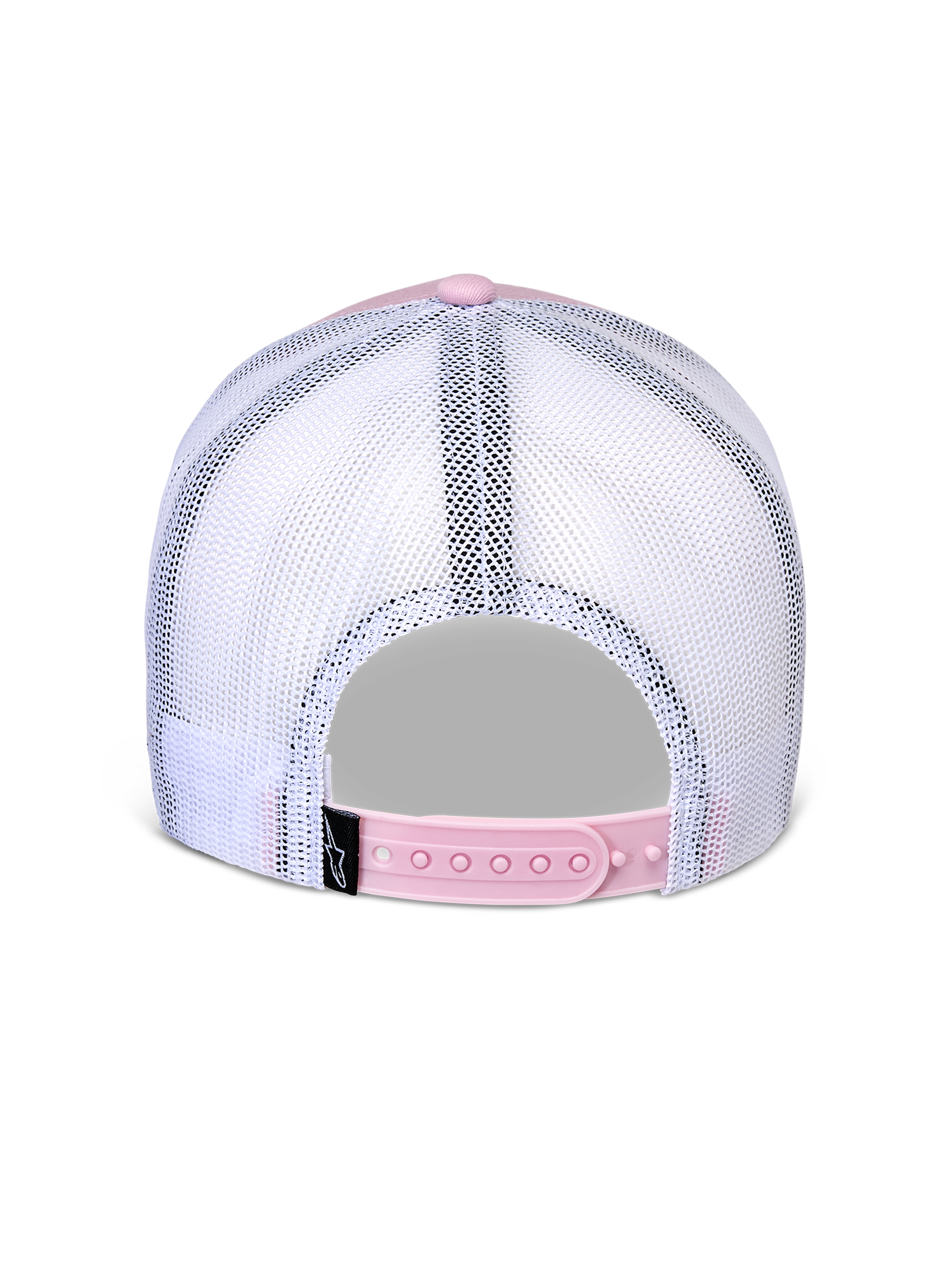 Alpinestars Flag Snapback pet, achteraanzicht, roze en wit, ademende witte mesh panelen met roze verstelbare snapback-sluiting, klein zwart Alpinestars logo-label, casual motorsport-geïnspireerde hoofddeksel