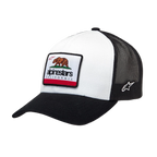 Alpinestars Cali 2.0 pet, wit met zwarte truckerpet, gebogen klep met gestructureerde kroon, geweven patch met Californische beer en Alpinestars branding, zwarte mesh achterzijde, casual motorsportstijl