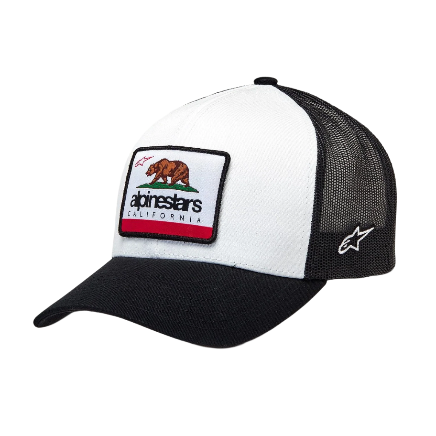 Alpinestars Cali 2.0 pet, wit met zwarte truckerpet, gebogen klep met gestructureerde kroon, geweven patch met Californische beer en Alpinestars branding, zwarte mesh achterzijde, casual motorsportstijl