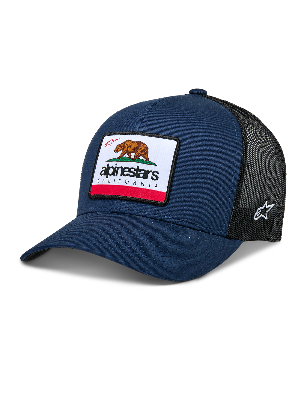Alpinestars Cali 2.0 pet, navyblauwe en zwarte trucker cap, voorzien van een grote California Bear patch met Alpinestars-logo, gebogen klep, ademende zwarte mesh achterkant, casual motorsport hoofddeksel