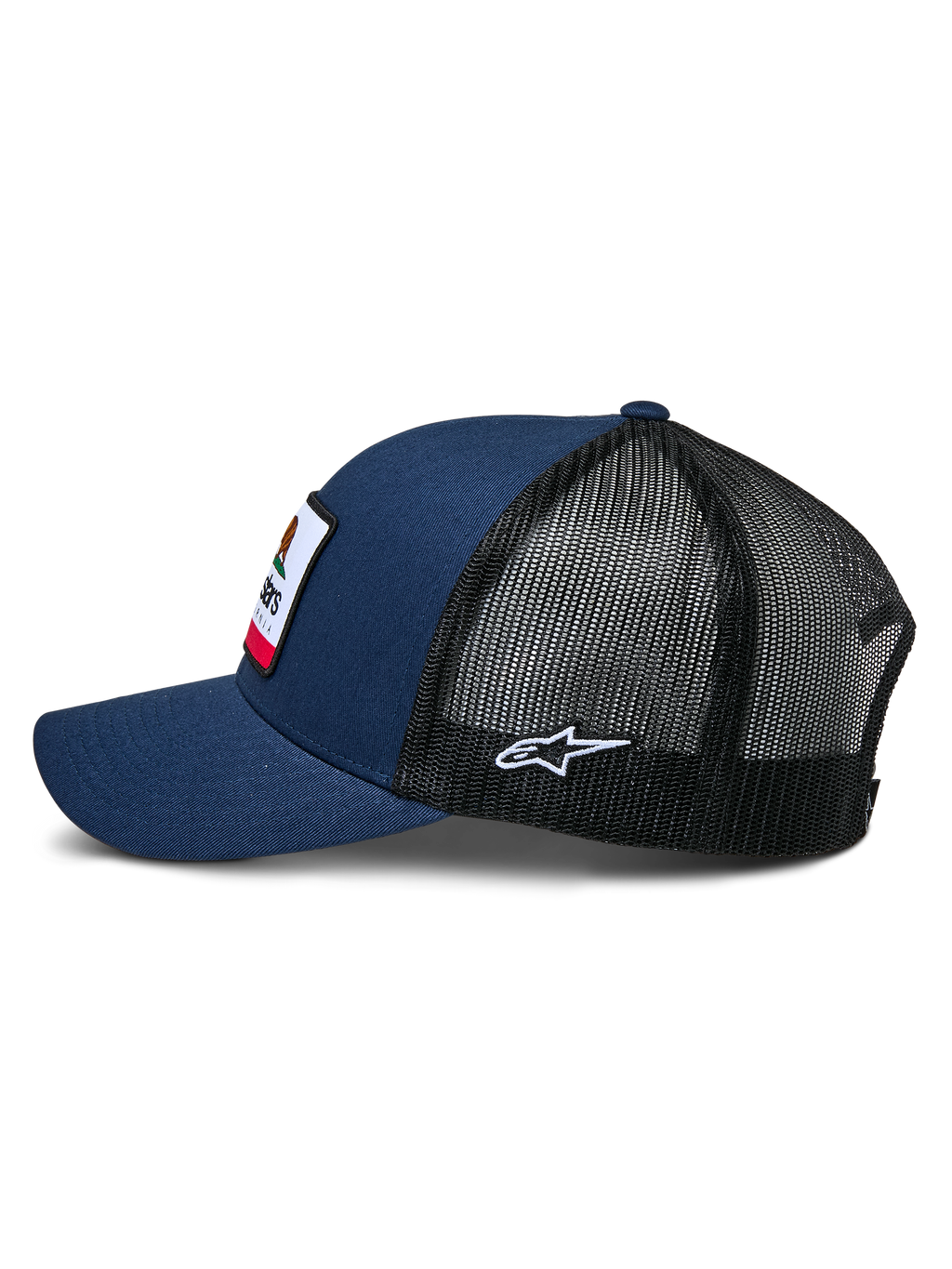 Alpinestars Cali 2.0 pet, marineblauw en zwart, zijaanzicht, twill voorkant met geweven merrow patch, zwarte poly mesh achterkant met wit geborduurd sterlogo, gebogen klep, casual motorsport-geïnspireerde hoofdbedekking