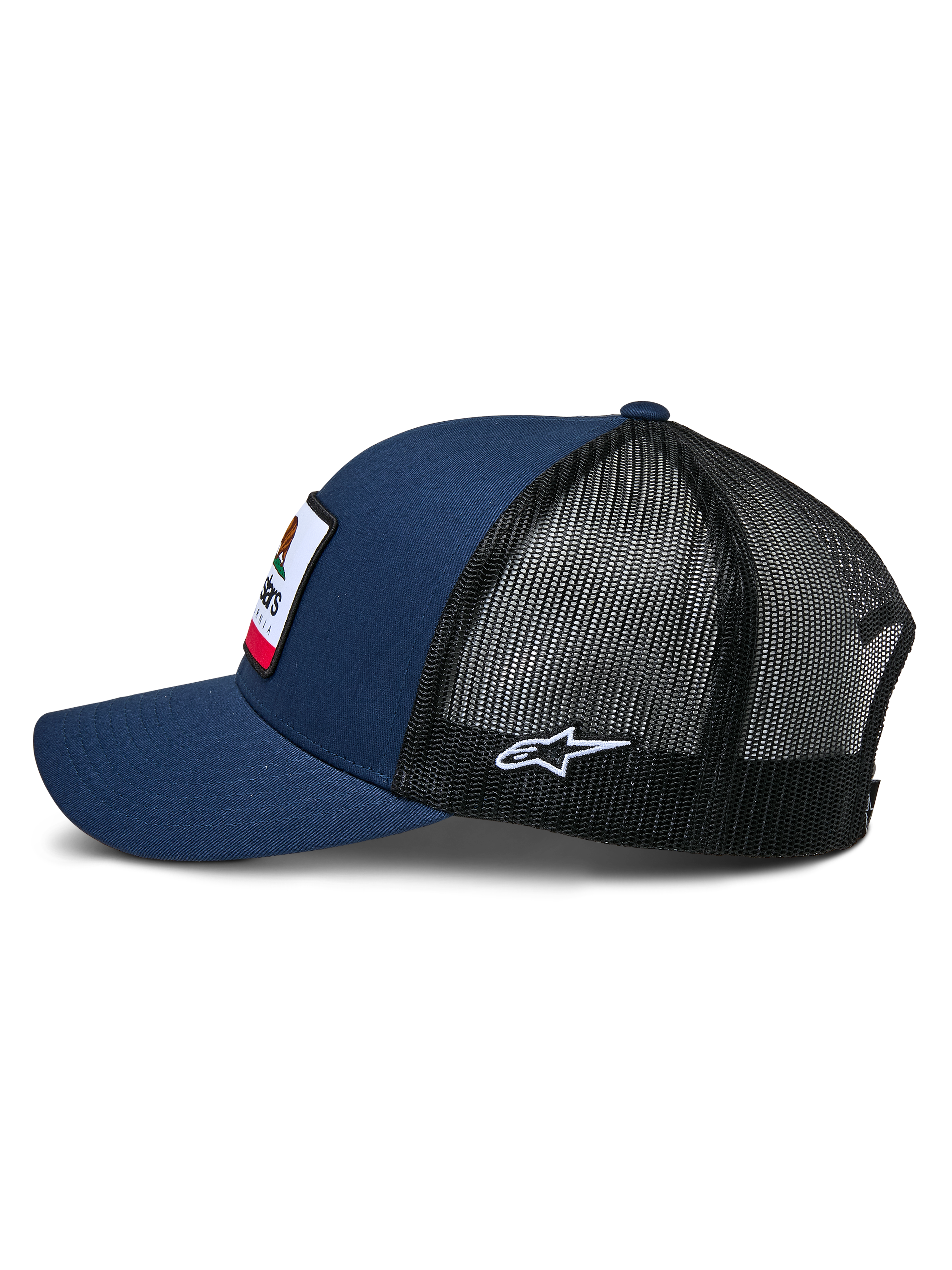 Alpinestars Cali 2.0 pet, marineblauw en zwart, zijaanzicht, twill voorkant met geweven merrow patch, zwarte poly mesh achterkant met wit geborduurd sterlogo, gebogen klep, casual motorsport-geïnspireerde hoofdbedekking