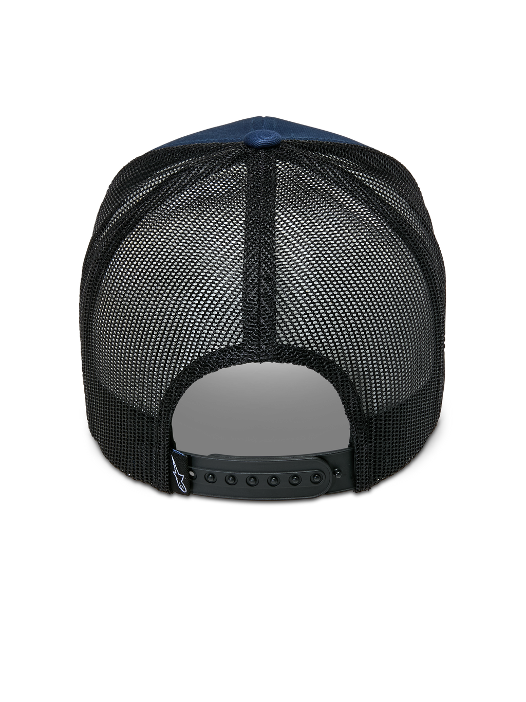 Alpinestars Cali 2.0 pet, marineblauw en zwart, achteraanzicht met ademende poly-mesh achterkant, verstelbare zwarte snapback-sluiting en klein logo-label, casual truckerpet-ontwerp