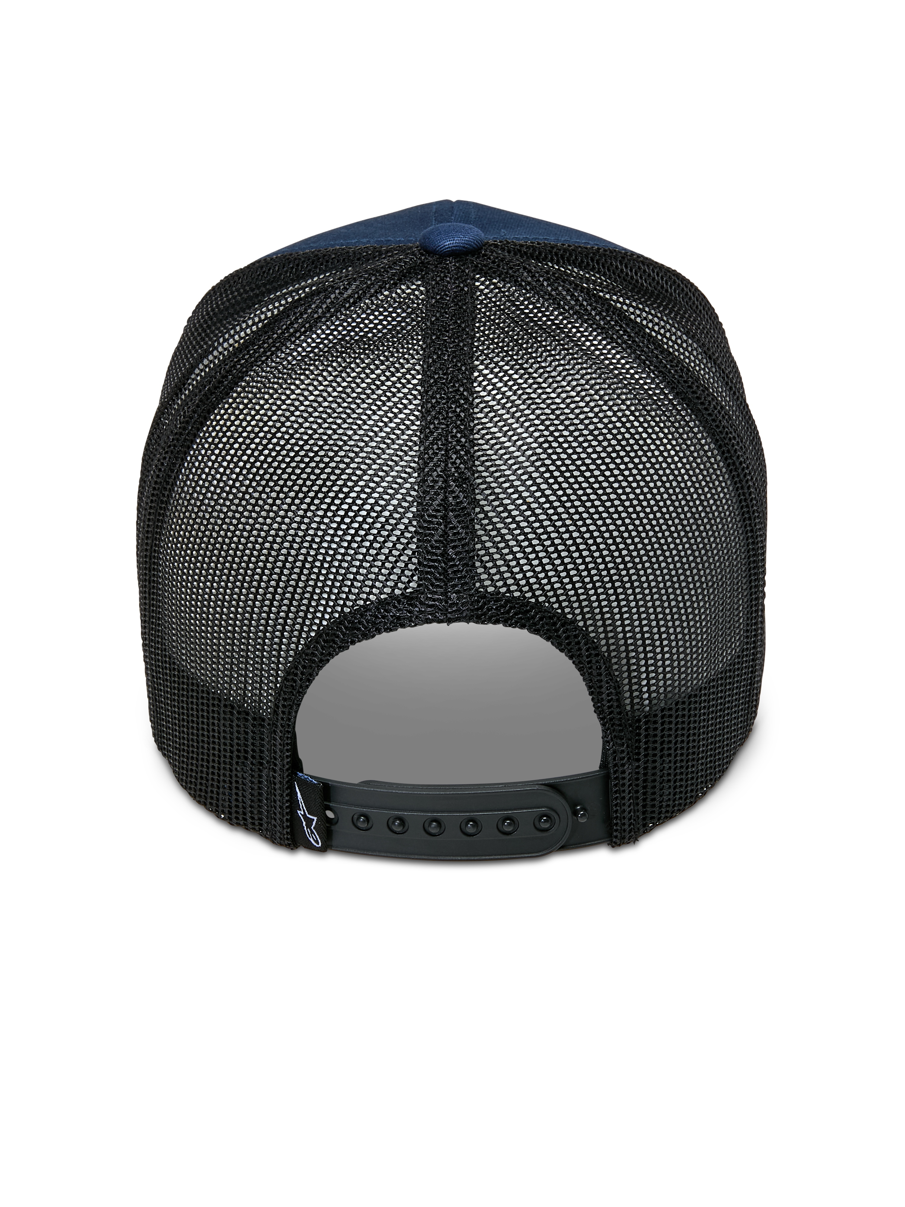 Alpinestars Cali 2.0 pet, marineblauw en zwart, achteraanzicht met ademende poly-mesh achterkant, verstelbare zwarte snapback-sluiting en klein logo-label, casual truckerpet-ontwerp