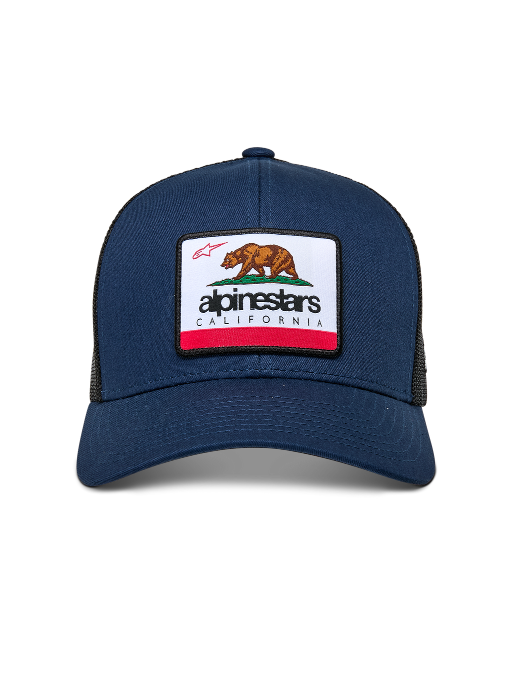 Alpinestars Cali 2.0 pet, marineblauw, met een geweven merrow patch met een Californische beer en Alpinestars branding, gebogen klep, gestructureerde kroon met poly mesh achterkant, casual motorsport streetwear