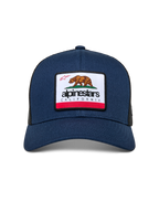 Alpinestars Cali 2.0 pet, marineblauw, met een geweven merrow patch met een Californische beer en Alpinestars branding, gebogen klep, gestructureerde kroon met poly mesh achterkant, casual motorsport streetwear