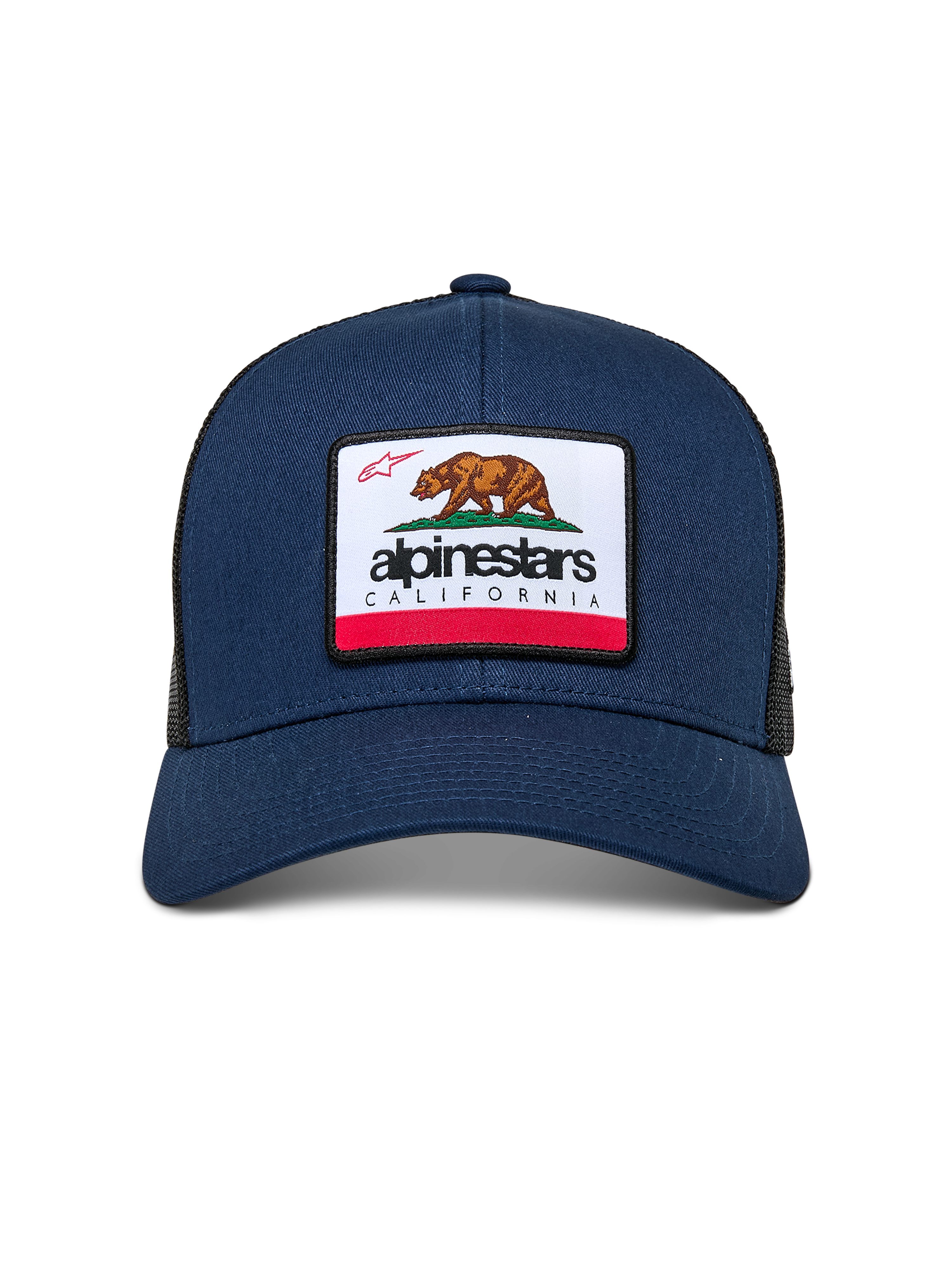 Alpinestars Cali 2.0 pet, marineblauw, met een geweven merrow patch met een Californische beer en Alpinestars branding, gebogen klep, gestructureerde kroon met poly mesh achterkant, casual motorsport streetwear