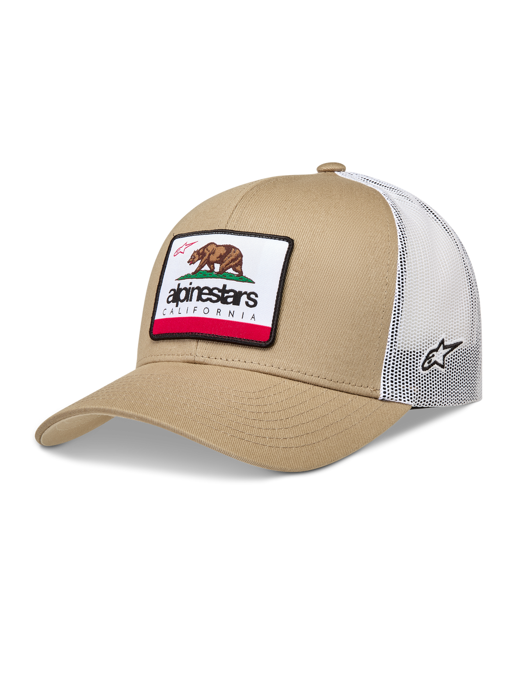Alpinestars Cali 2.0 hoed, sportswear trucker pet in zand en wit met witte mesh achterkant en California bear patch.