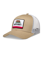 Alpinestars Cali 2.0 hoed, sportswear trucker pet in zand en wit met witte mesh achterkant en California bear patch.