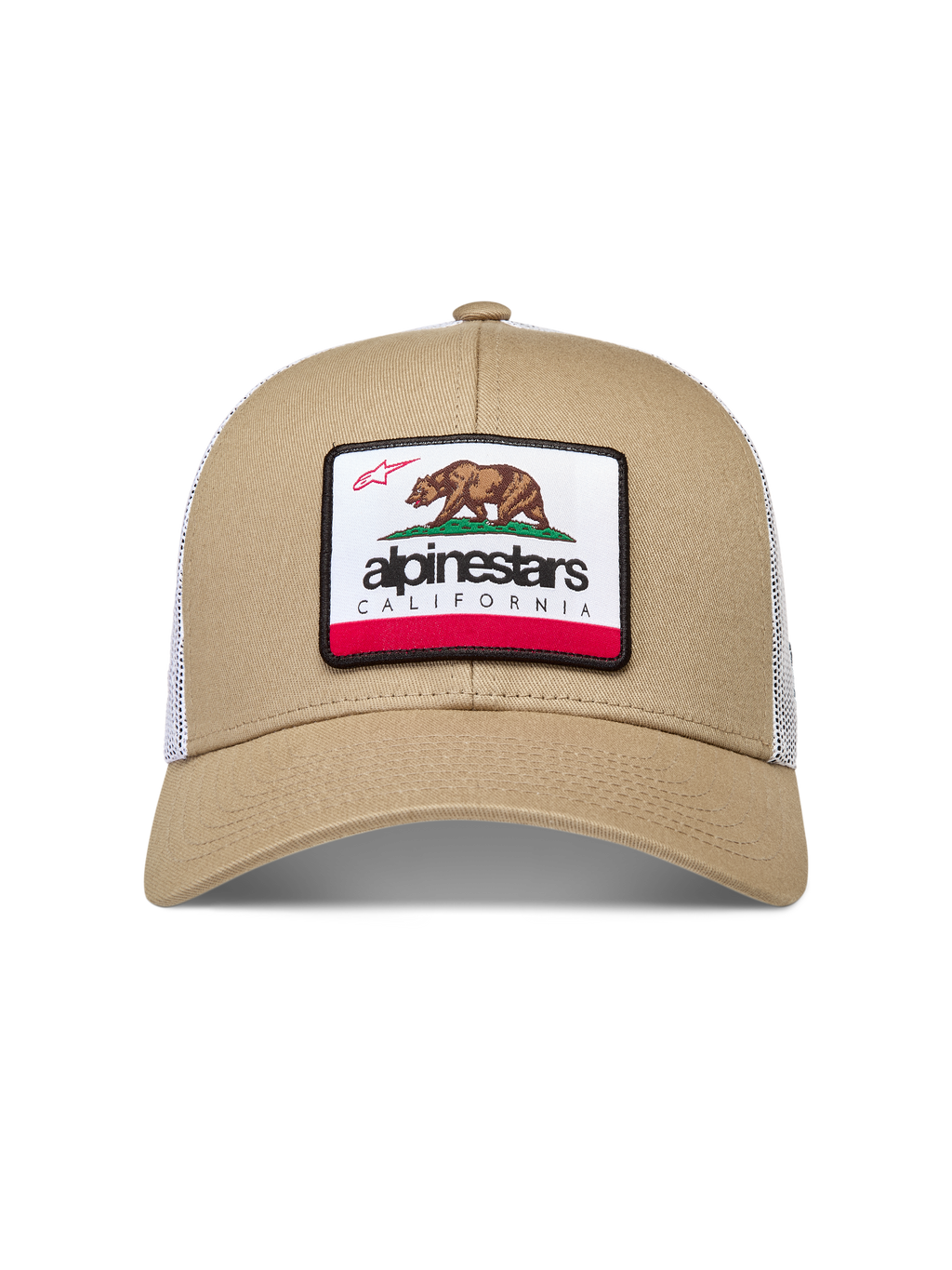 Alpinestars Cali 2.0 trucker pet, zand en wit, mesh achterkant, gebogen klep en geweven California beer patch.