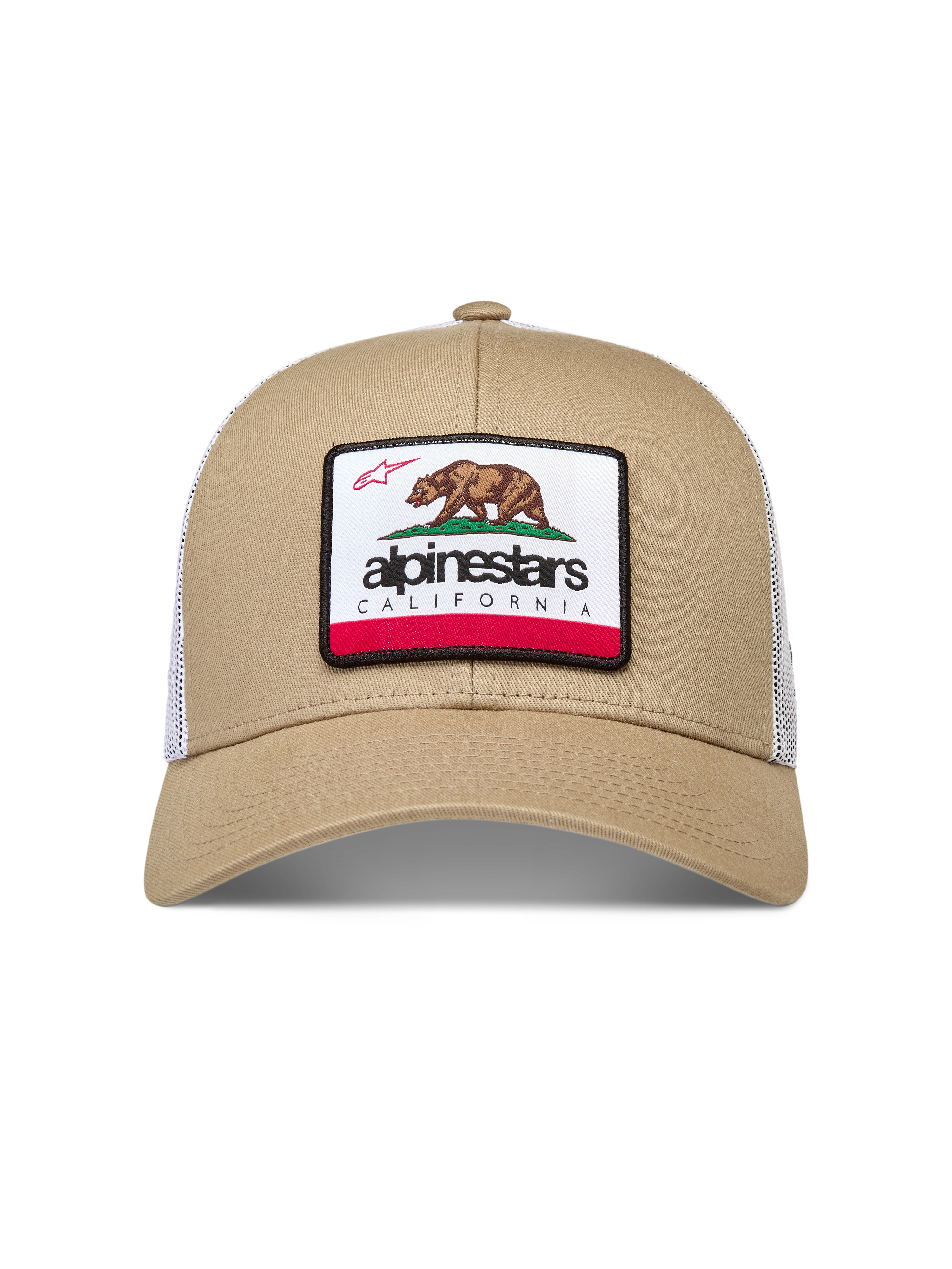 Alpinestars Cali 2.0 trucker pet, zand en wit, mesh achterkant, gebogen klep en geweven California beer patch.