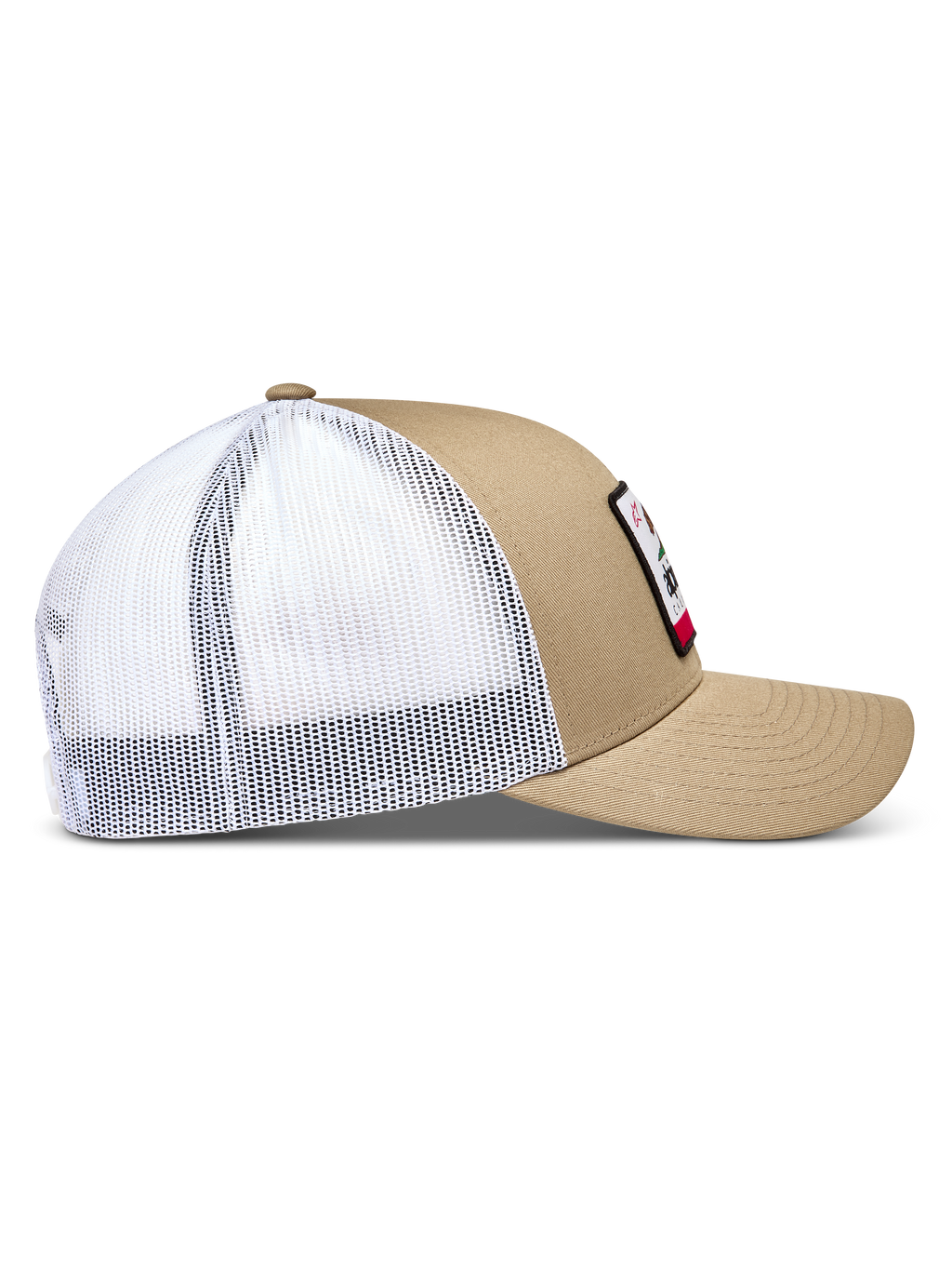 Alpinestars Cali 2.0 hoed, bruine en witte trucker pet met gebogen klep en mesh achterkant voor sportswear.