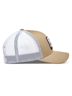 Alpinestars Cali 2.0 hoed, bruine en witte trucker pet met gebogen klep en mesh achterkant voor sportswear.