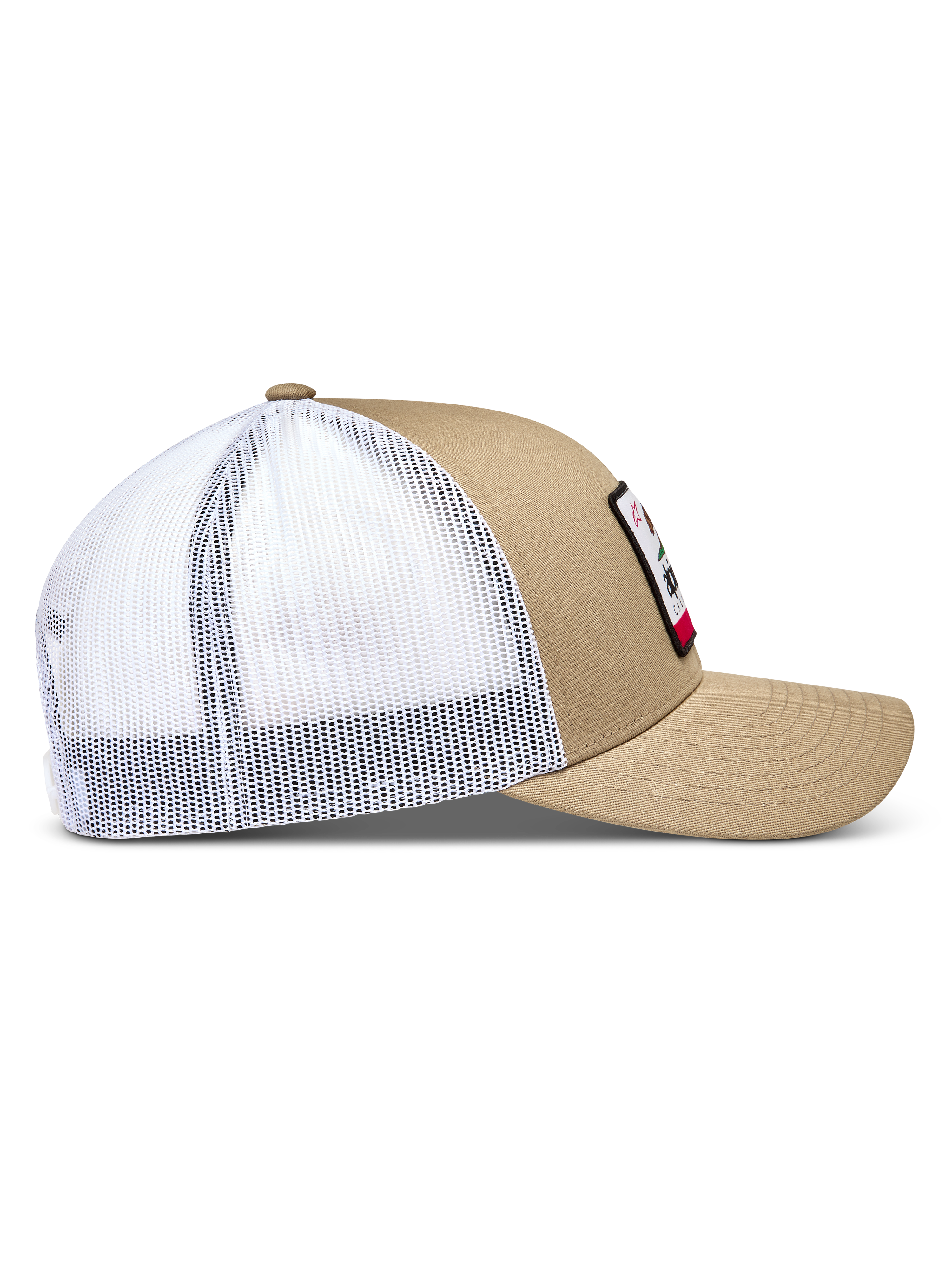 Alpinestars Cali 2.0 hoed, bruine en witte trucker pet met gebogen klep en mesh achterkant voor sportswear.