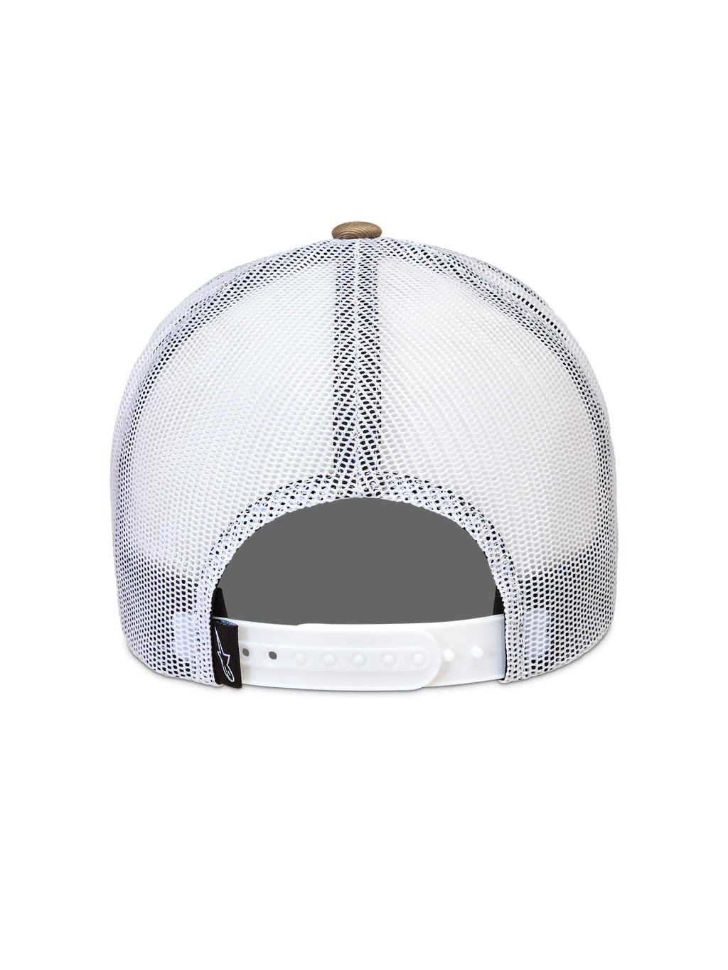 Alpinestars Cali 2.0 Hoed, witte en zandkleurige trucker pet met ademende mesh achterkant en snapback-sluiting.