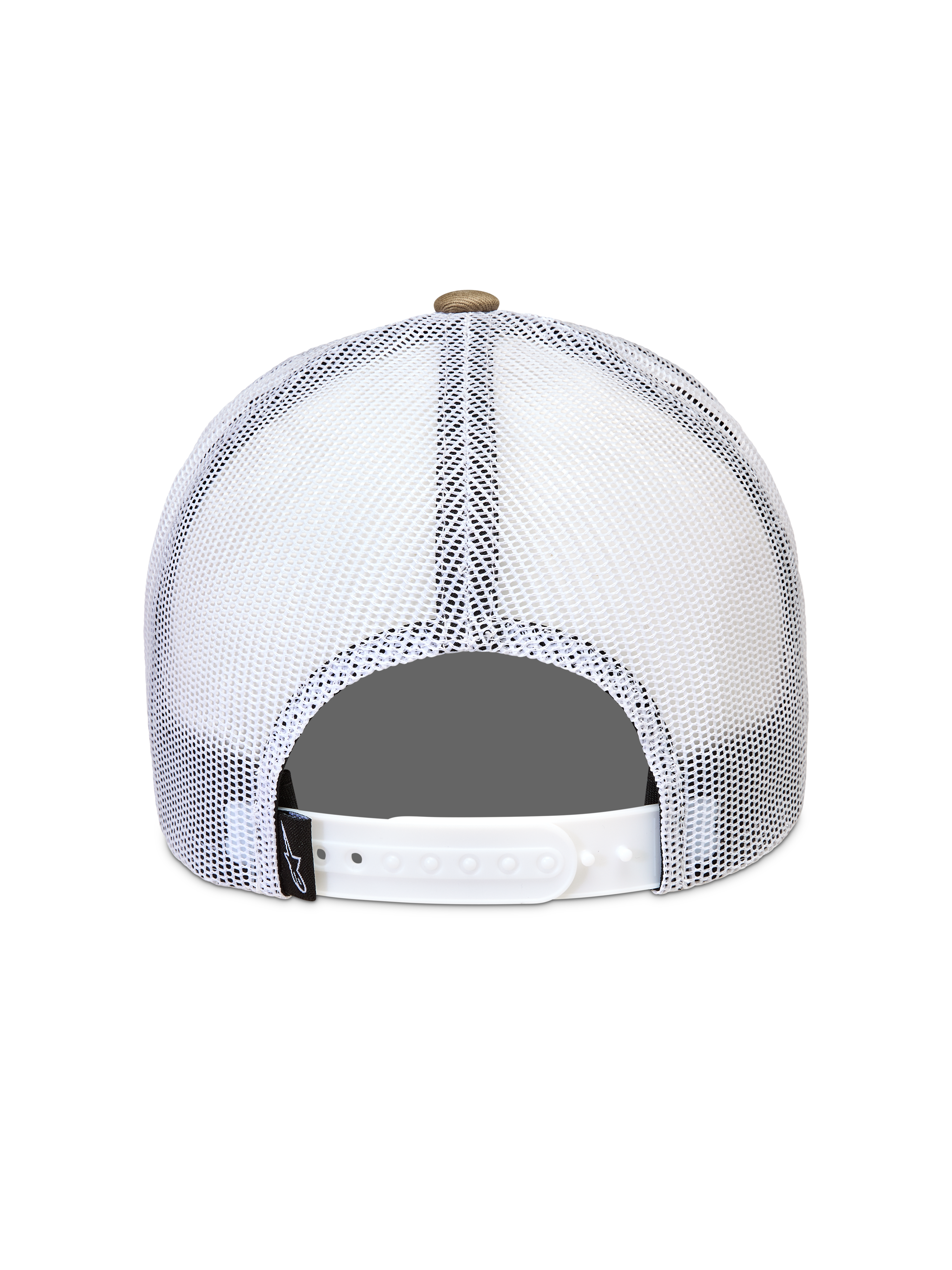 Alpinestars Cali 2.0 Hoed, witte en zandkleurige trucker pet met ademende mesh achterkant en snapback-sluiting.