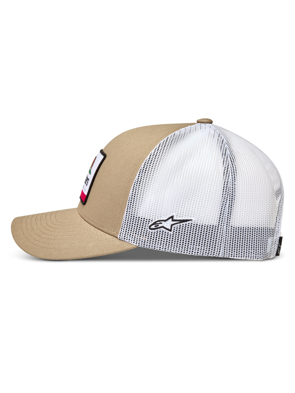 Alpinestars Cali 2.0 hoed, sportswear trucker pet in zand en wit met mesh achterkant, gebogen klep en twill voorkant.