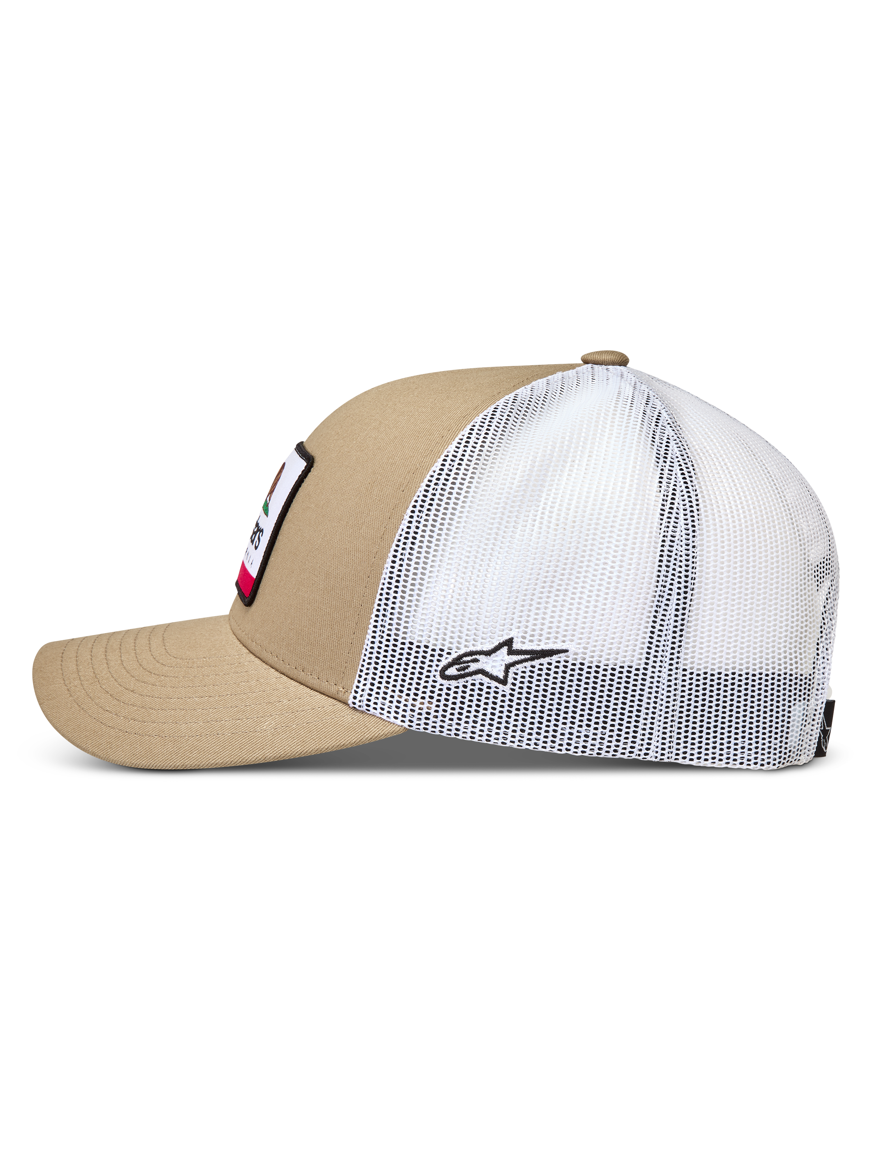 Alpinestars Cali 2.0 hoed, sportswear trucker pet in zand en wit met mesh achterkant, gebogen klep en twill voorkant.
